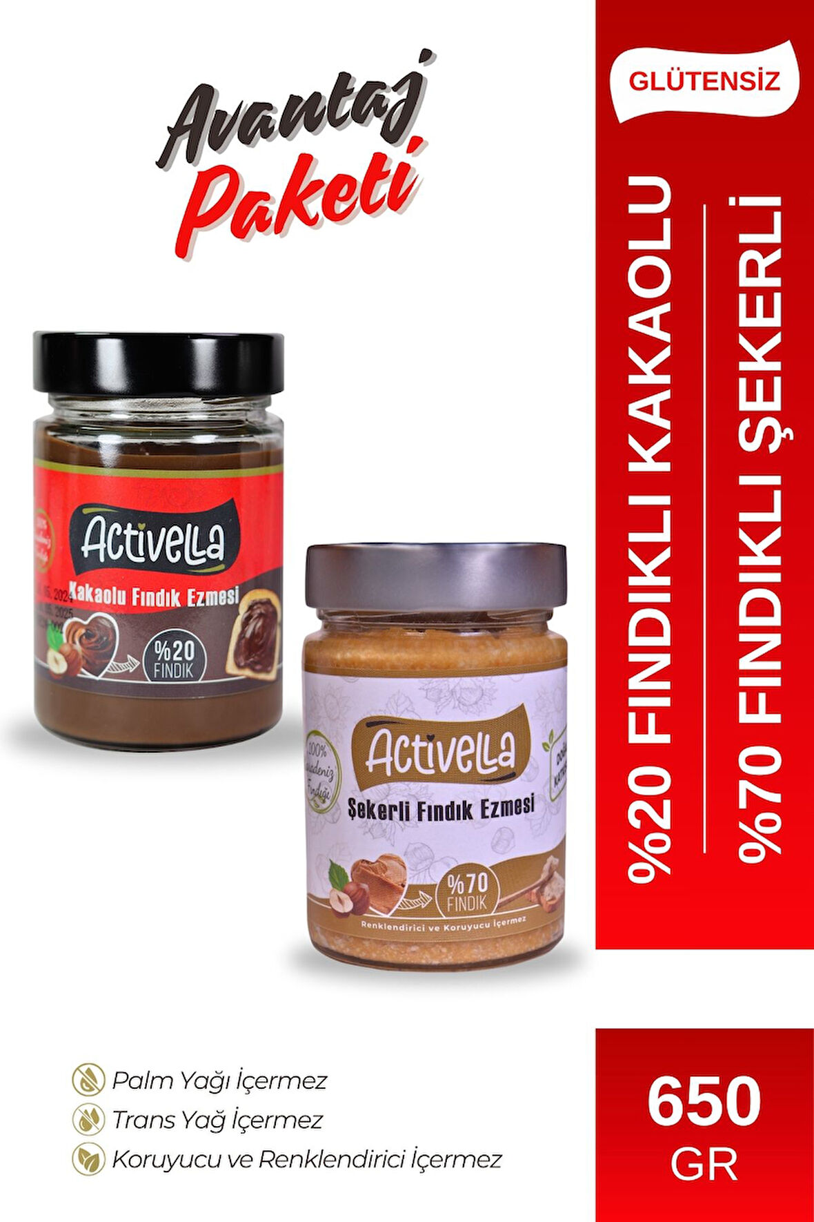 Activella Kakaolu Fındık Ezmesi 330gr %20 Fındıklı + Şekerli Fındık Ezmesi 320gr %70 Fındıklı
