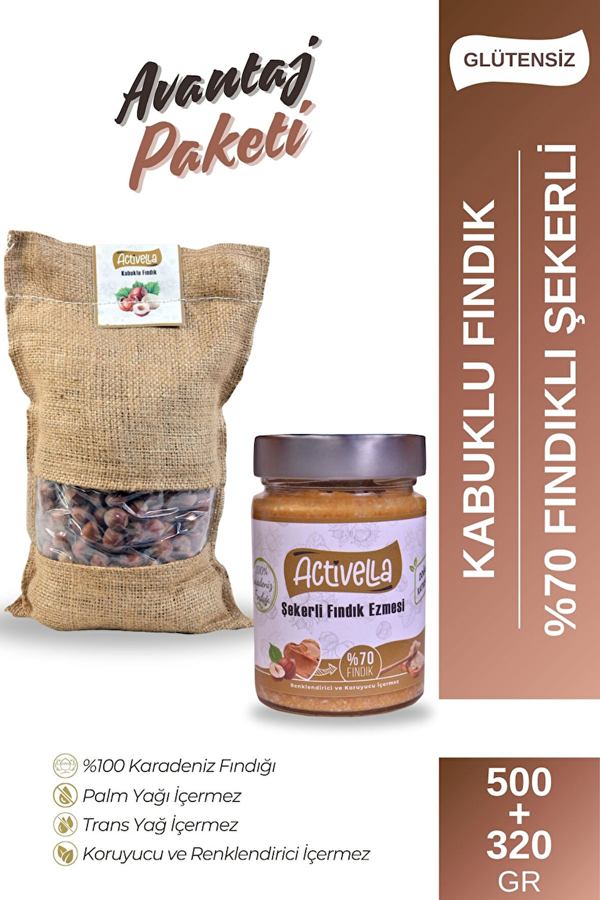 Activella Şekerli Fındık Ezmesi 320gr %70 Fındıklı + Kabuklu Fındık 500gr