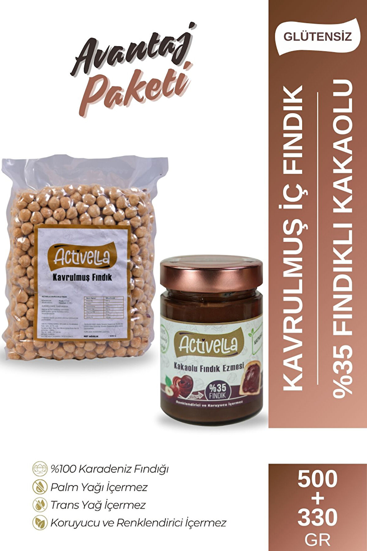 Activella Kakaolu Fındık Ezmesi 330gr %35 Fındıklı + Kavrulmuş İç Fındık 500gr
