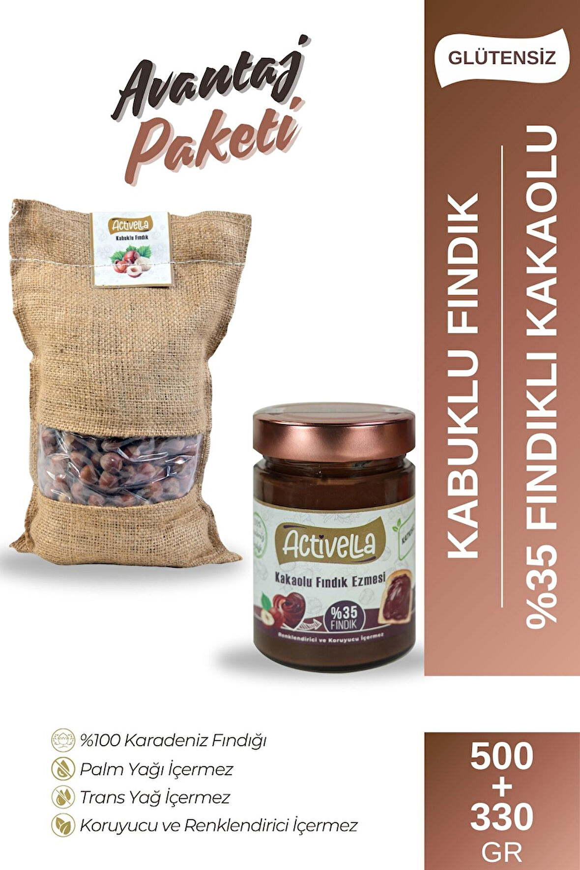 Activella Kakaolu Fındık Ezmesi 330gr %35 Fındıklı + Kabuklu Fındık 500gr