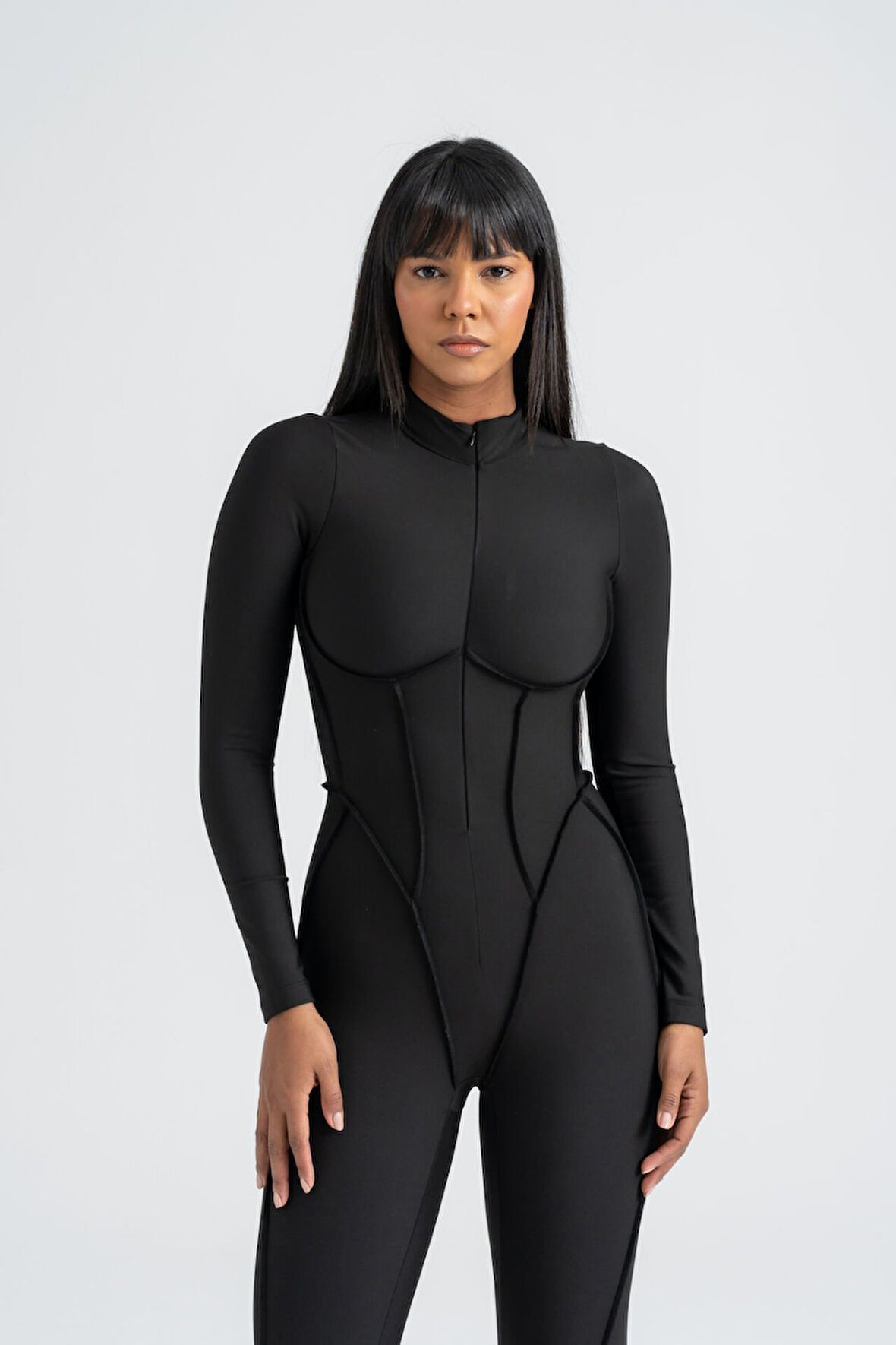 Dar Kesim Sculpt Line Uzun Kollu Tulum Siyah Renk