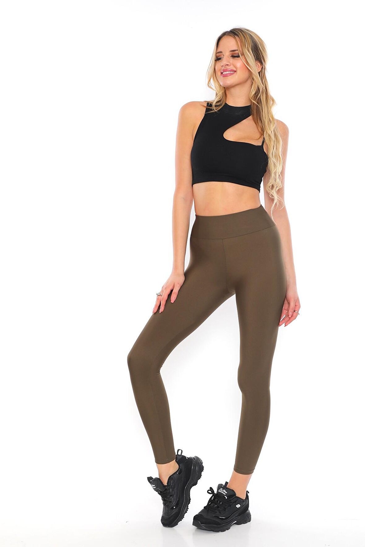 Şardonlu Dalgıç Kumaş Yüksek Bel Kadın Tayt Haki-M