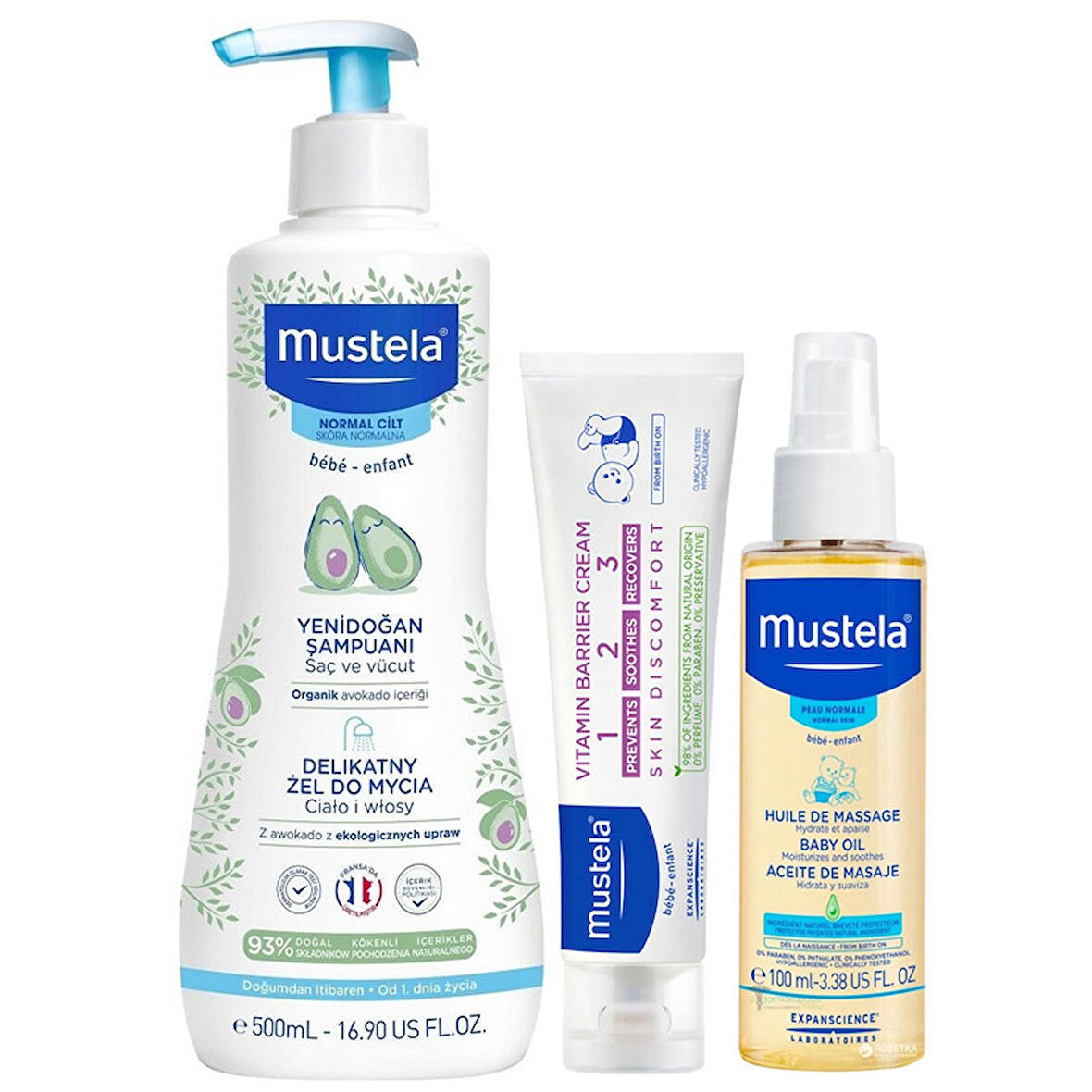 Mustela Setim 1 - Gentle Cleansing Gel 500ml - Mustela Vitamin Barrier 1-2-3 Cream 100ml - Massage Oil 100ml