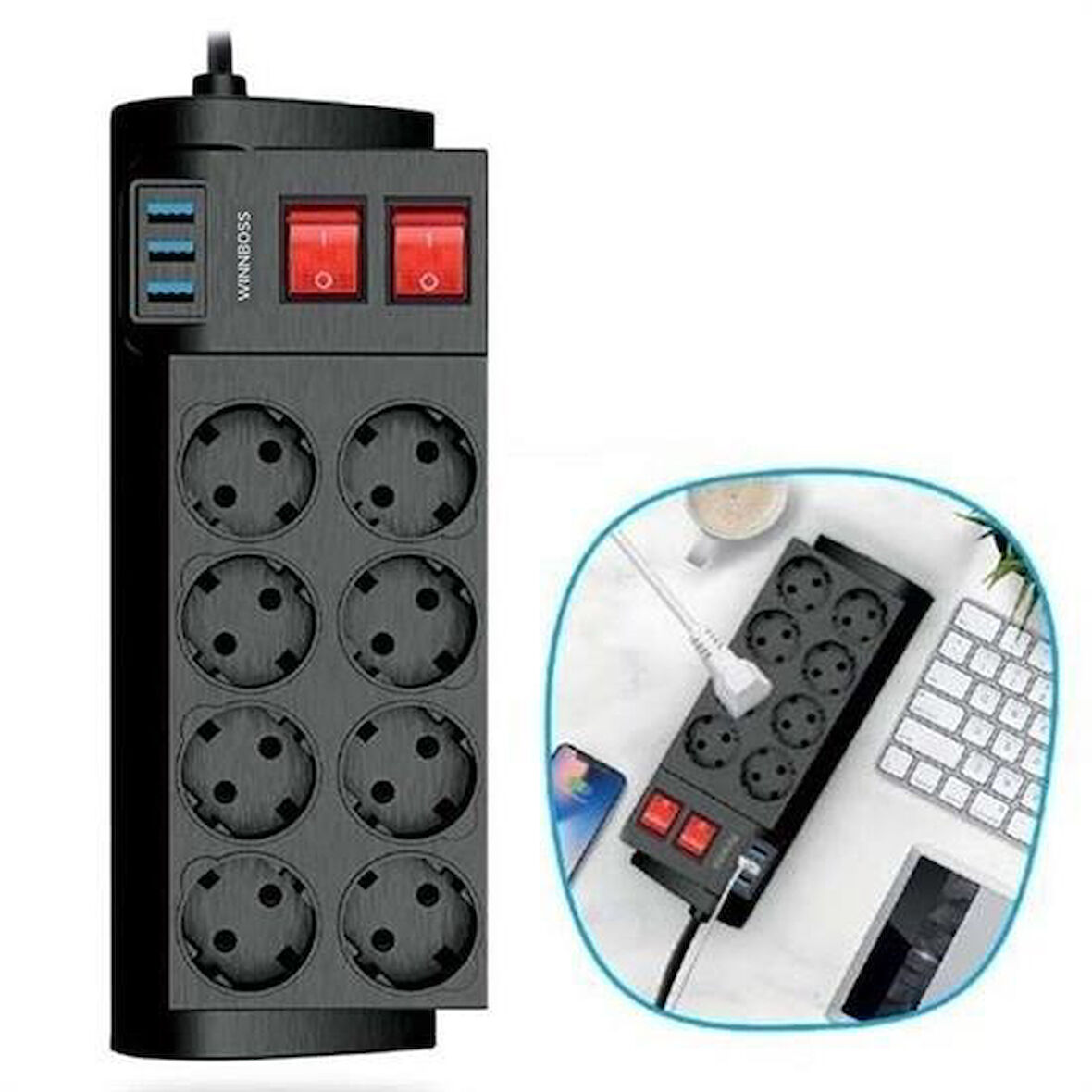  Isıya Dayanıklı Termal Akım Korumalı 2 Metre 16A 4000W 8li Priz ve 3 Usb Li Uzatma Kablosu