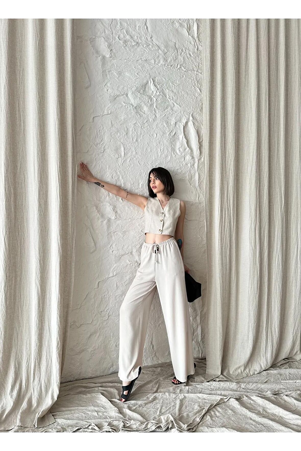 Beli ayarlanabilir, lastikli  yüksek bel pantolon