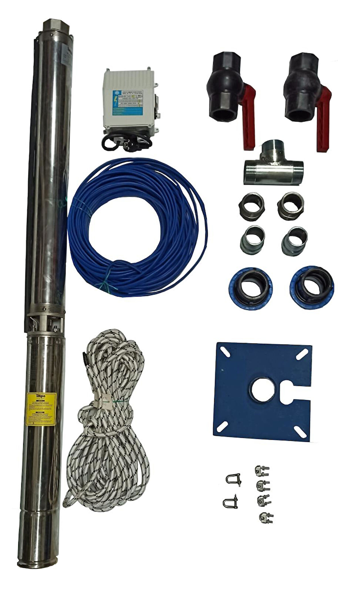 Impo Sk 404/10 1HP Krom Başlıklı  45 MT Yassı Kablolu ve Panolu 90 mt Halatlı Çift Vanalı Akıtma Başlıklı Monofaze Takım Dalgıç Pompa