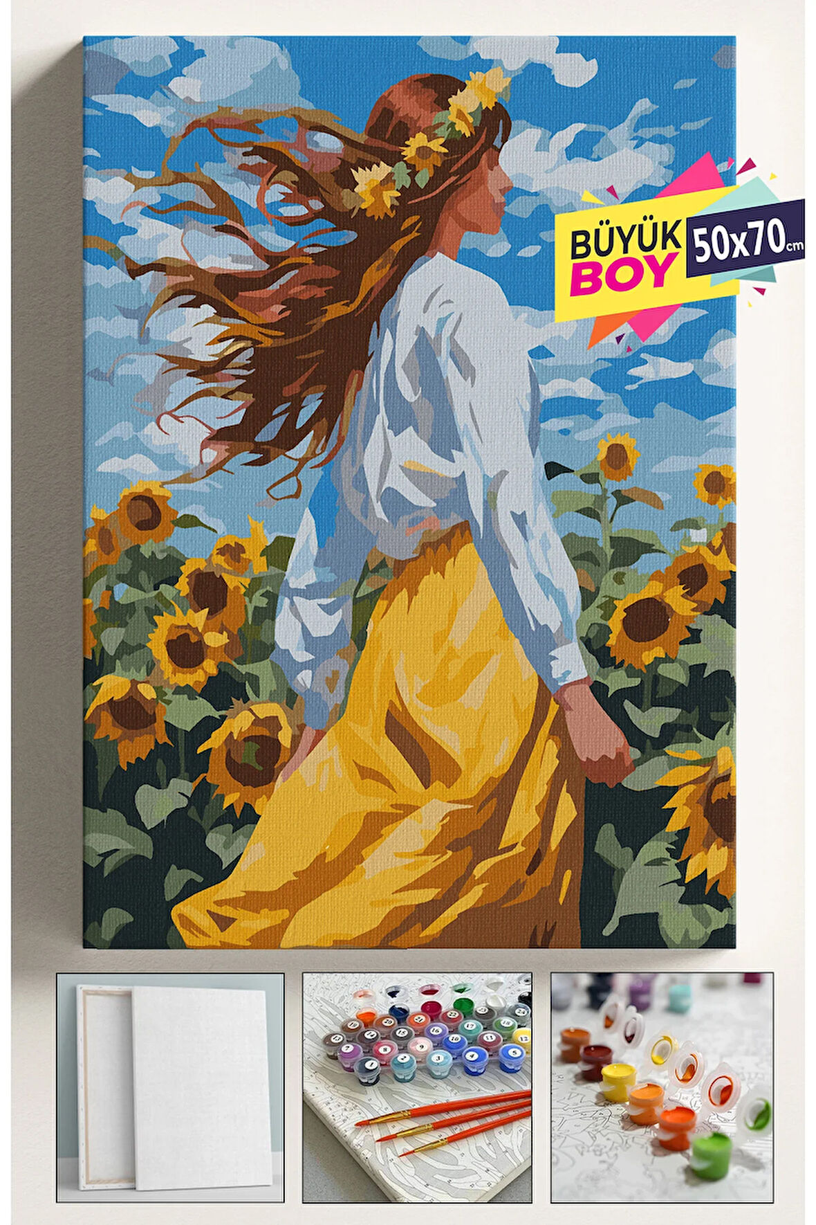 Sayılarla Boyama Seti Numaralı Tuval Fırça Boya Dahil Kasnaklı Set 50x70 Cm - AYÇİÇEĞİ TARLASI