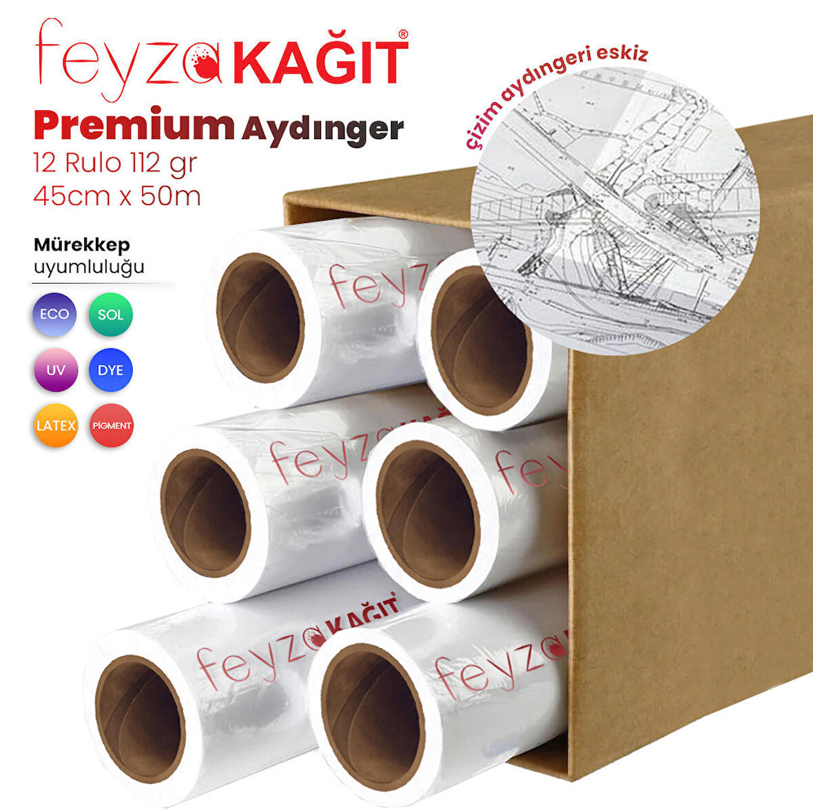 Feyza Kağıt® Plotter Aydınger (Çizim) Kağıdı  112gr  Rulo 45cm x 50mt (12 Rulo)