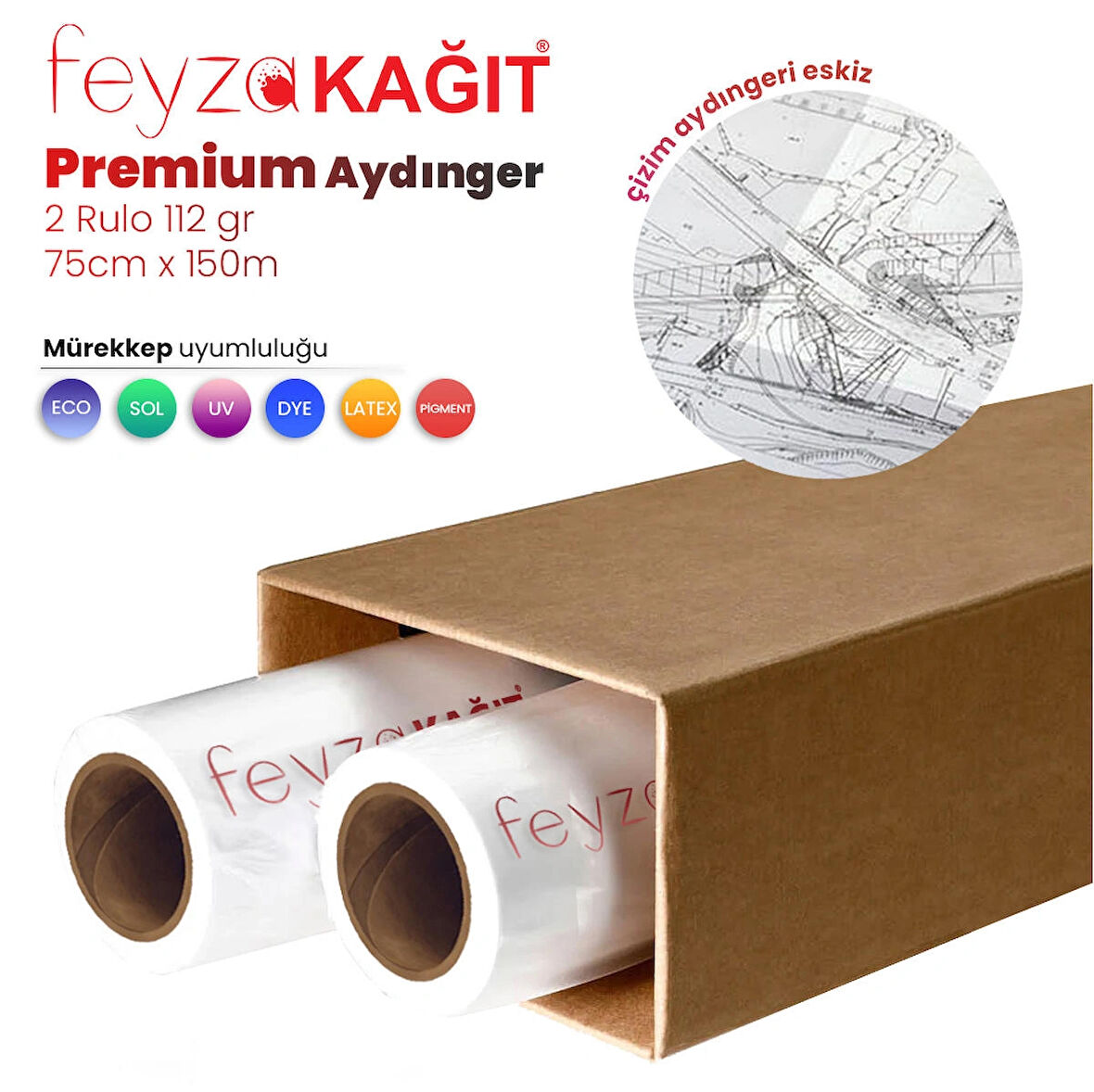 Feyza Kağıt Plankopya Ozalit  Aydınger (Çizim) Kağıdı  112gr  Rulo 75cm x 150mt (2 Rulo)  								