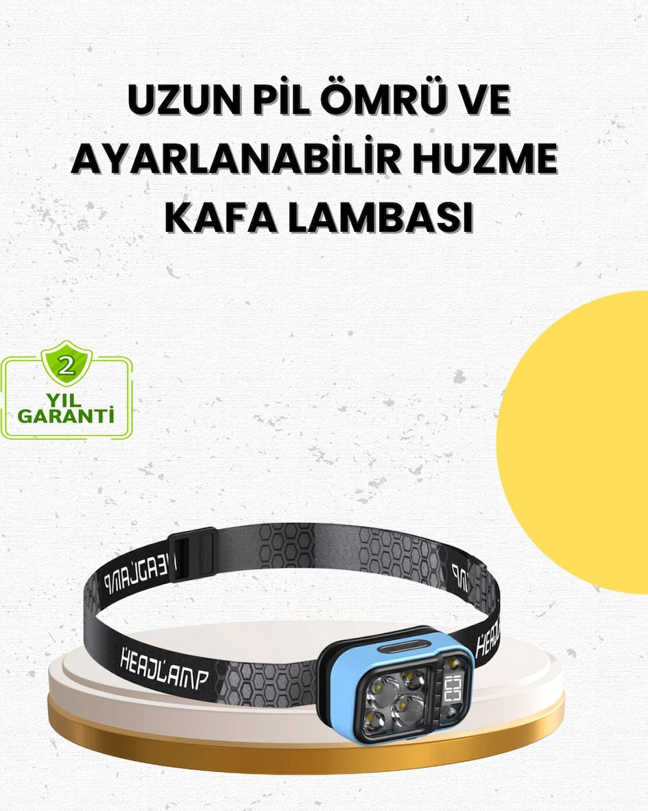 Hediye Üç Renkli Led Kafa Feneri 53 Mod Güç Göstergeli Type C Şarjlı