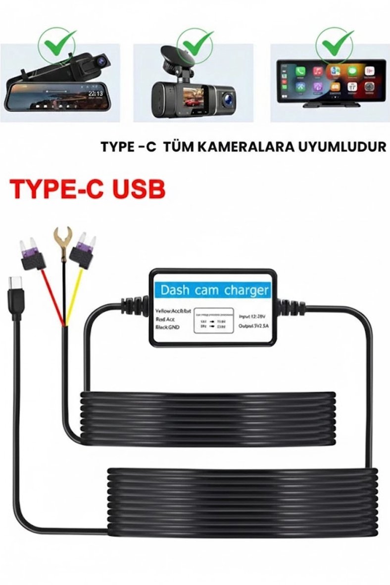 Hediye Park Modu Kablosu Type-c Akü Sigorta Bağlantı Kablosu Araç İçi Kamera Tüm Kameralara Uyumlu