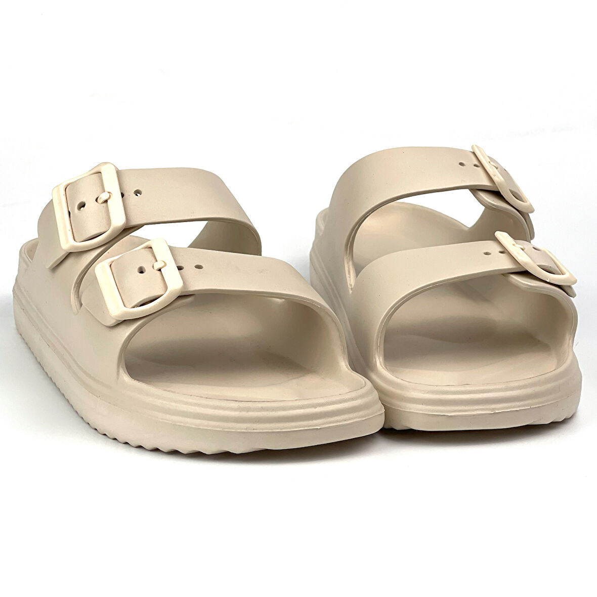 Unisex Bej Çift Tokalı Kaymaz Taban Ayarlanabilir Hafif Günlük Plaj Terlik