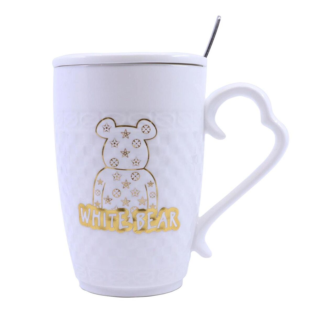 Porselen Kapaklı Ayıcık Desenli Porselen Kupa Bardak Beyaz