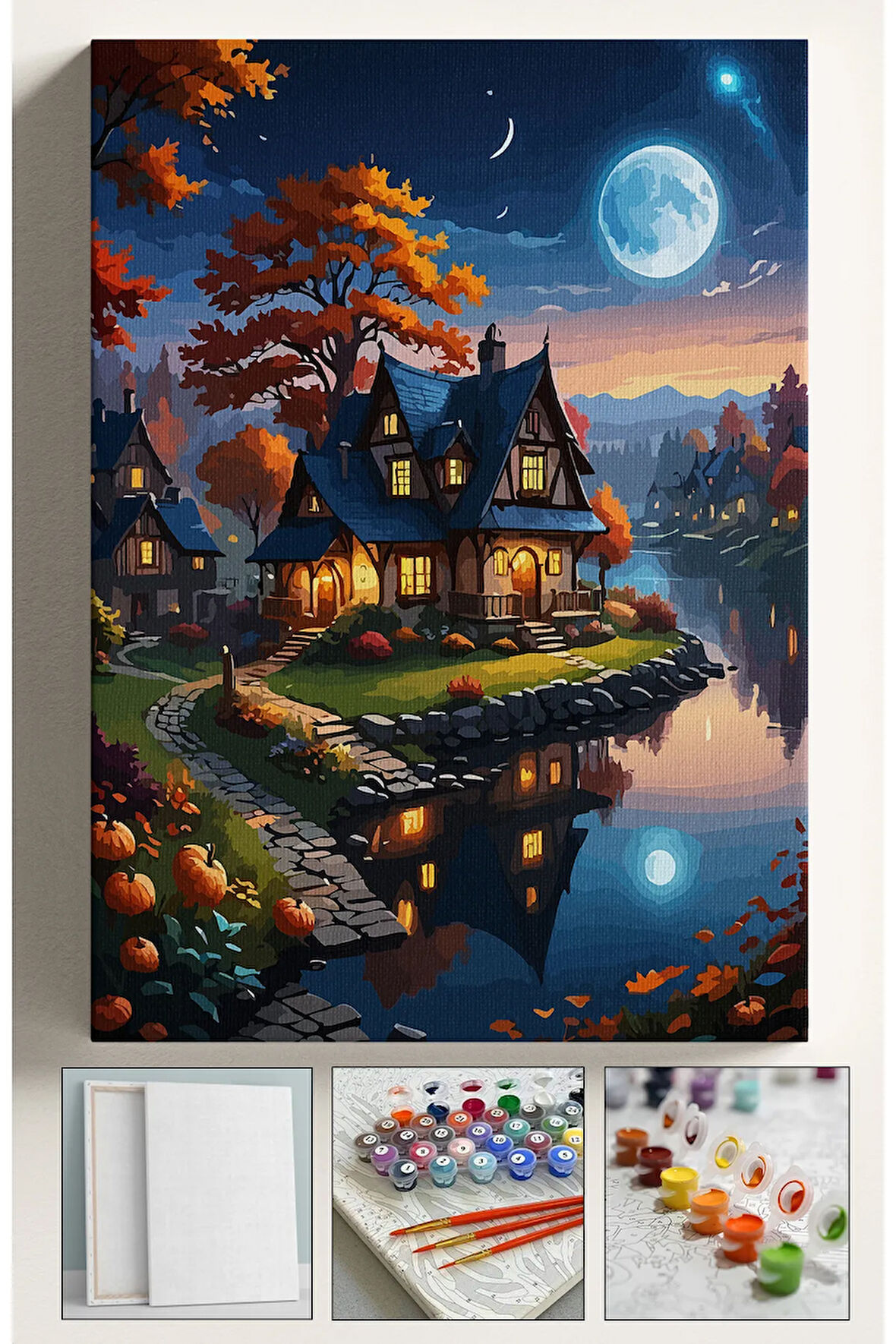 Sayılarla Boyama Çerçeveli Hobi Seti Numaralı Tuval Fırça Boya Dahil Kasnaklı 40X50 Cm  AY IŞIĞI GÖL