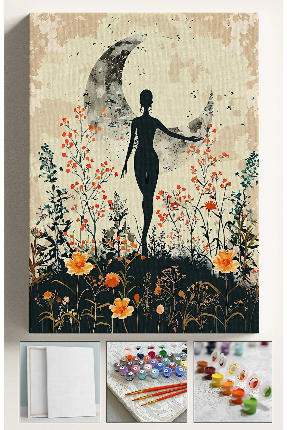 Sayılarla Boyama Çerçeveli Hobi Seti Numaralı Tuval Fırça Boya Dahil Kasnaklı 40X50 Cm - AY KADIN