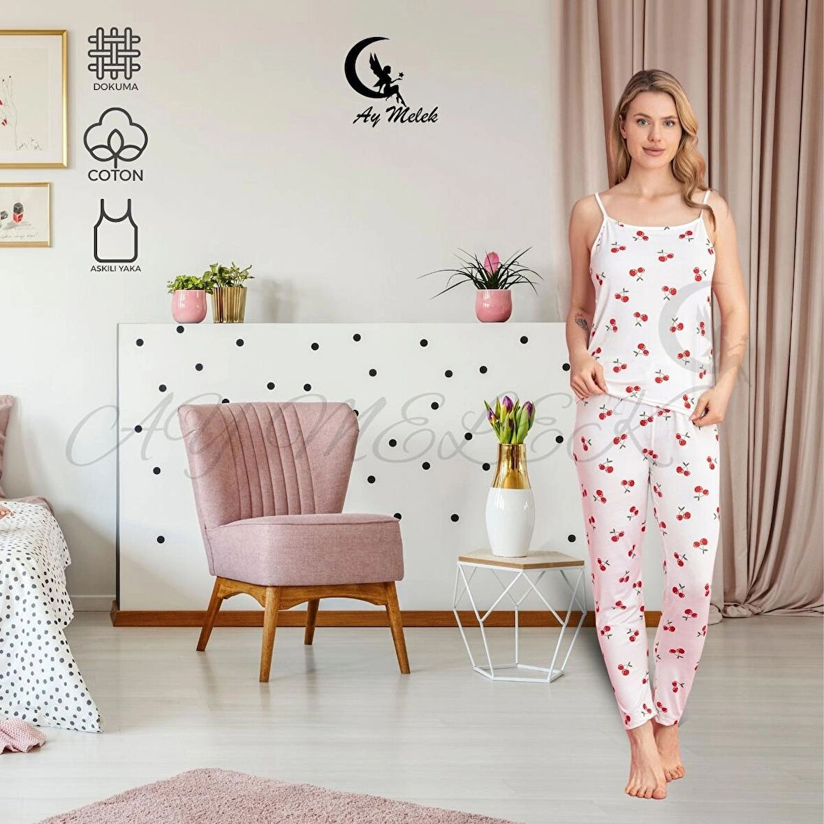 Kadın Pijama Takımı Pamuklu Lüx Askılı Pijama Seti