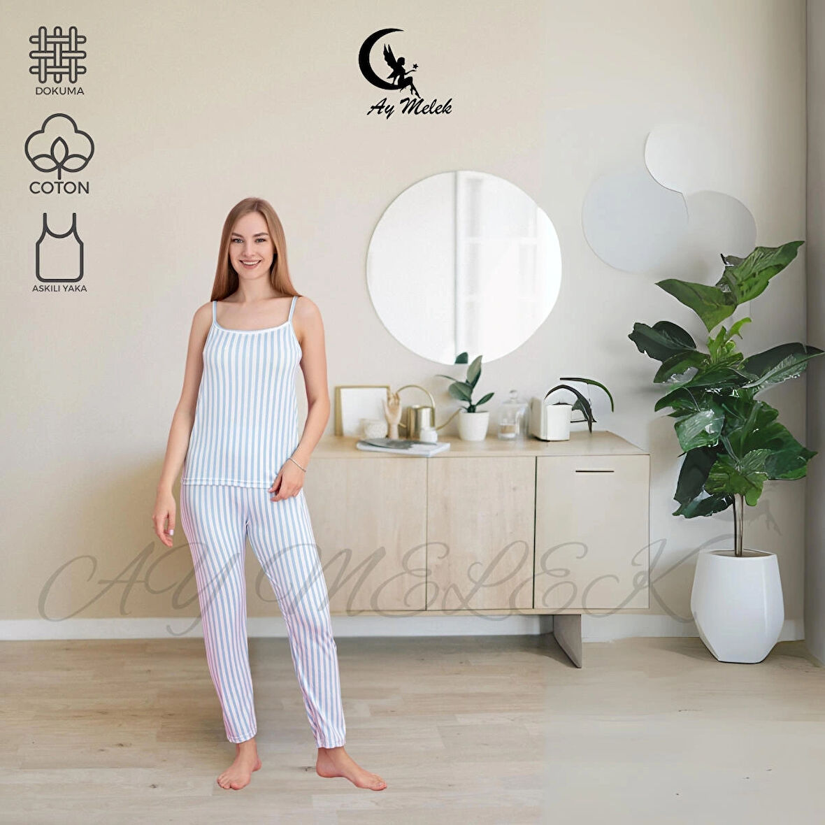 Kadın Pijama Takımı Pamuklu Lüx Askılı Pijama Seti