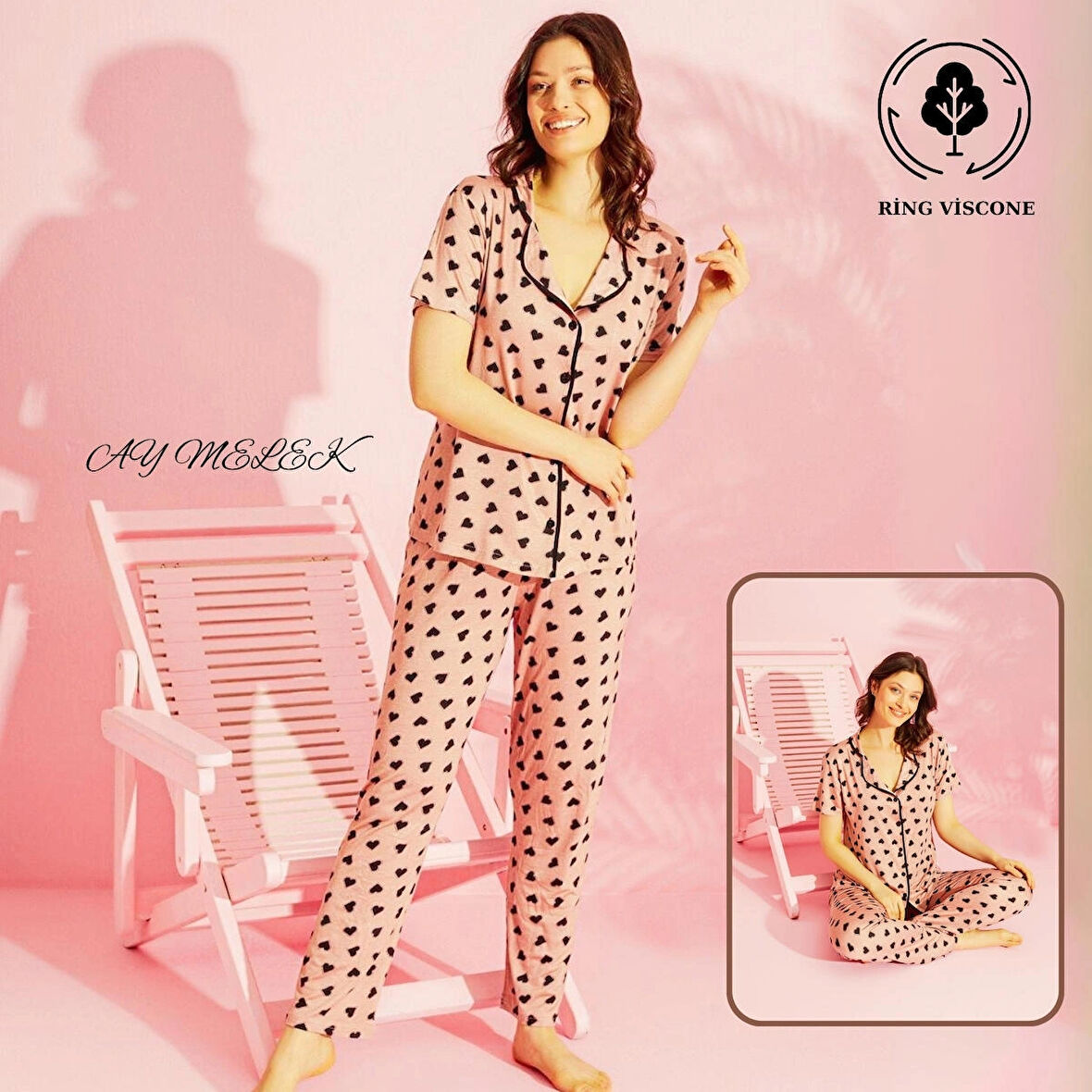 Kadın Pijama Takımı Ring Viscone Bambu Doku Gömlek ve Pijama Seti