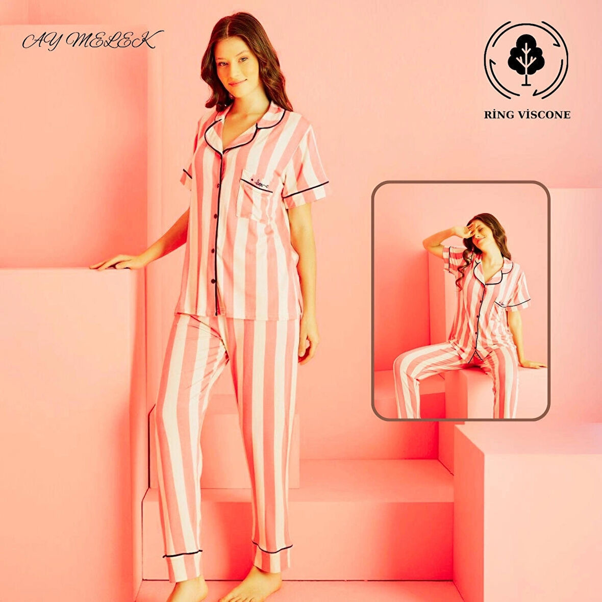  Kadın Pijama Takımı Ring Viscone Bambu Doku Gömlek ve Pijama Seti
