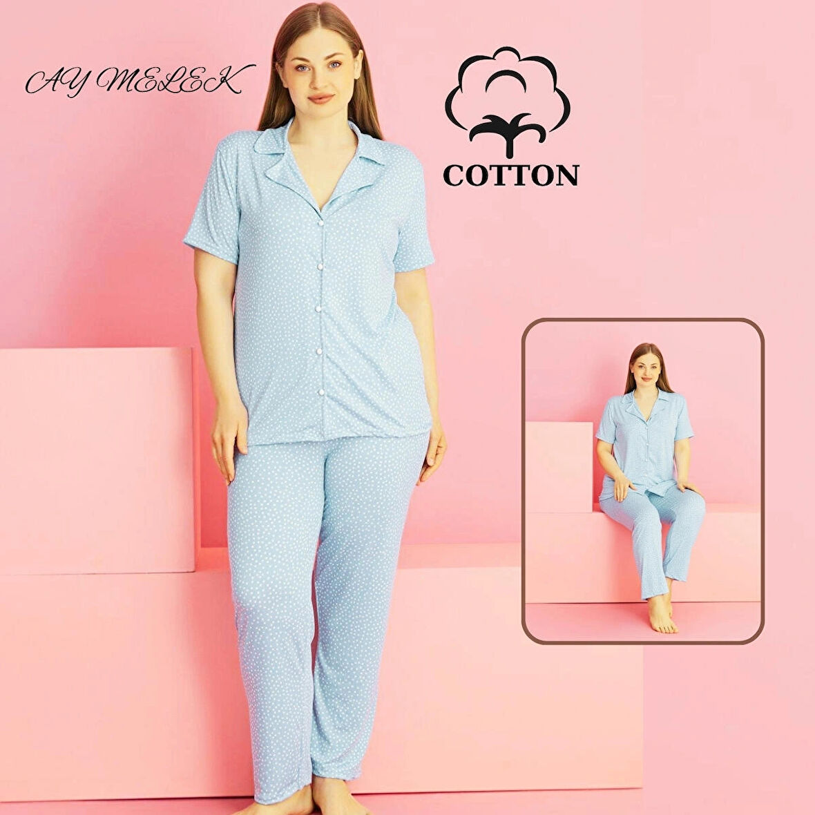 Kadın Pijama Takımı Pamuklu Geniş Beden Gömlek ve Pijama Seti (Battal Boy)