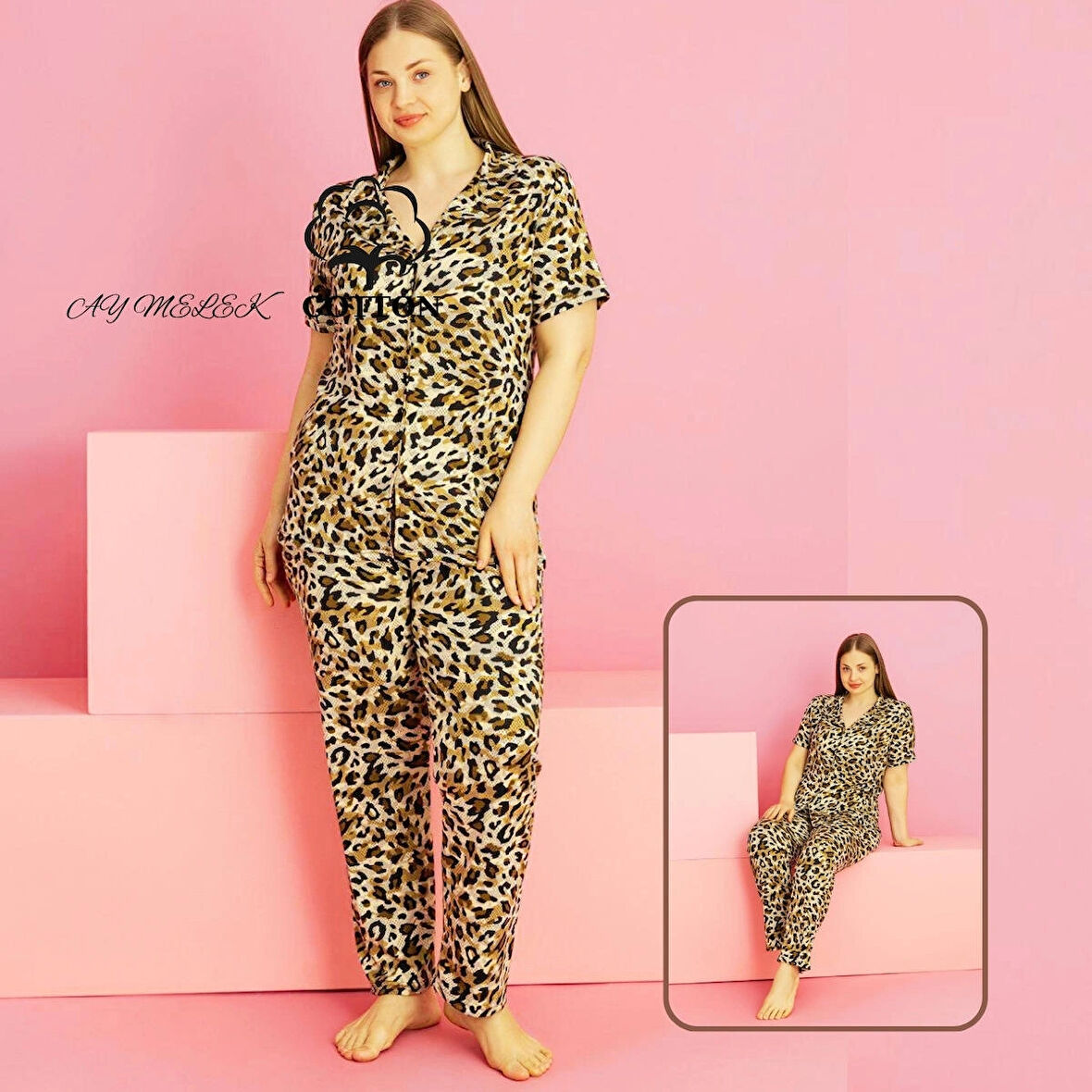 Kadın Pijama Takımı Pamuklu Geniş Beden Gömlek ve Pijama Seti (Battal Boy)