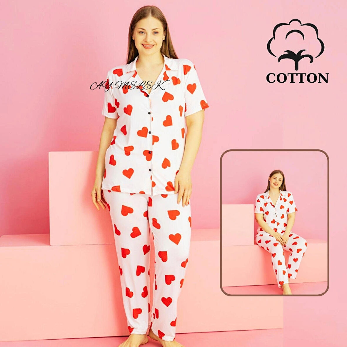 Kadın Pijama Takımı Pamuklu Geniş Beden Gömlek ve Pijama Seti (Battal Boy)