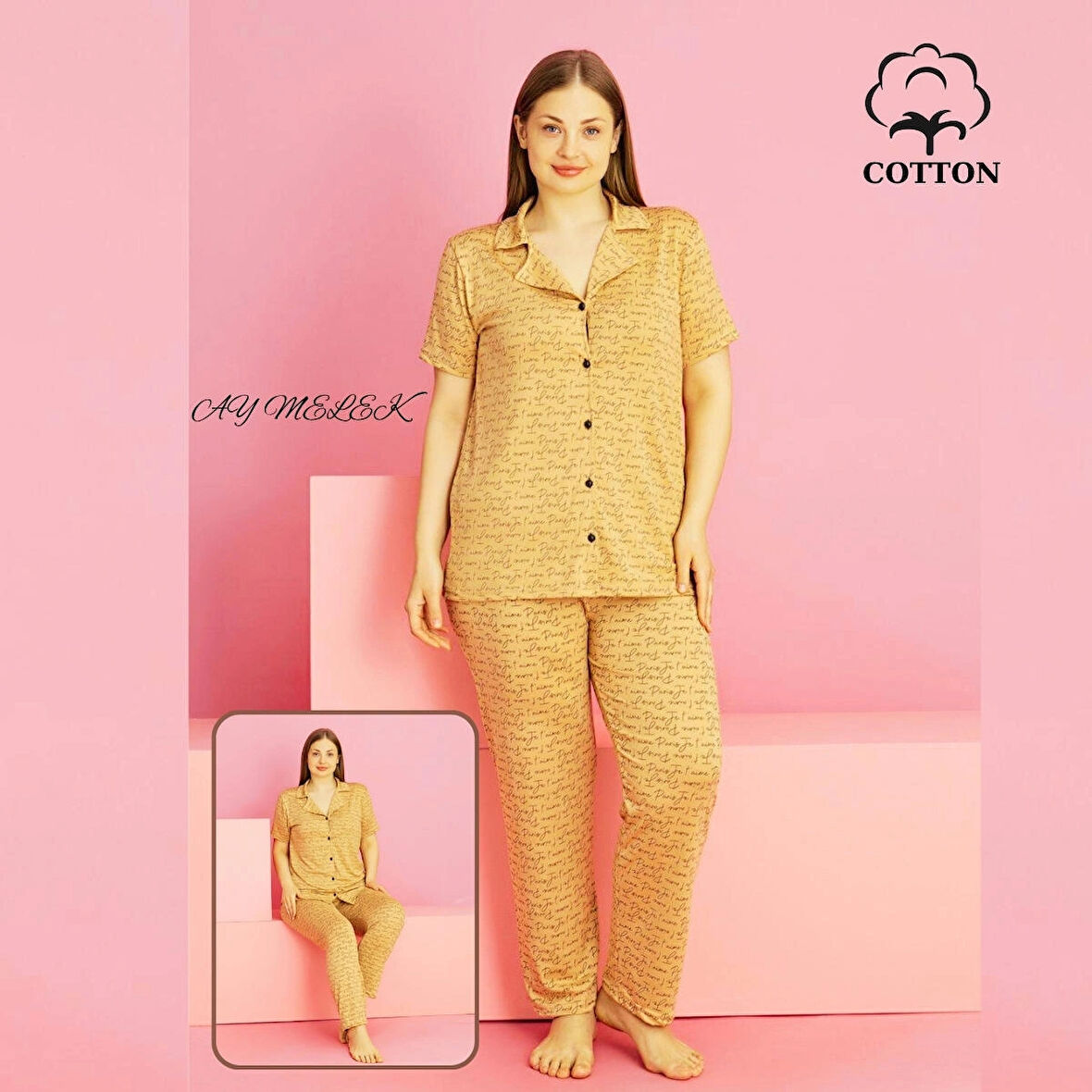 Kadın Pijama Takımı Pamuklu Geniş Beden Gömlek ve Pijama Seti (Battal Boy)