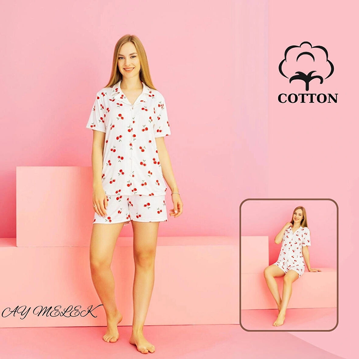 Kadın Pijama Takımı %100 Pamuklu Şort ve Pijama Seti