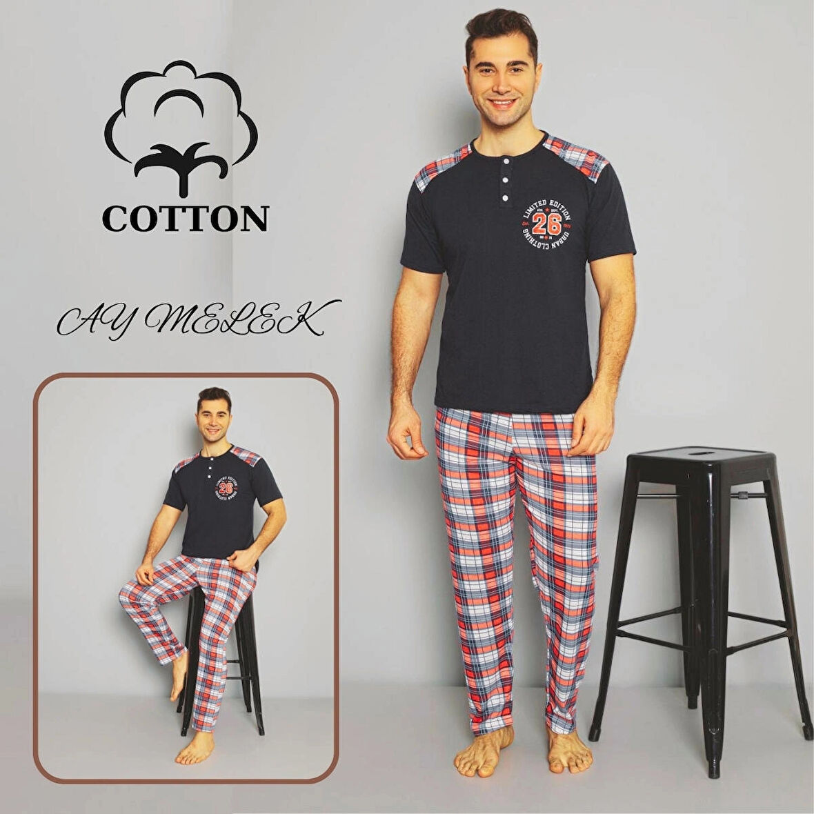 Erkek Pamuklu Pijama Takımı Cotton Gömlek ve Pijama Seti