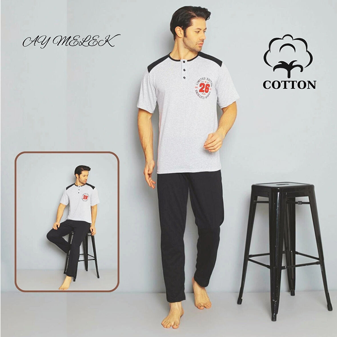Erkek Pamuklu Pijama Takımı Cotton Gömlek ve Pijama Seti
