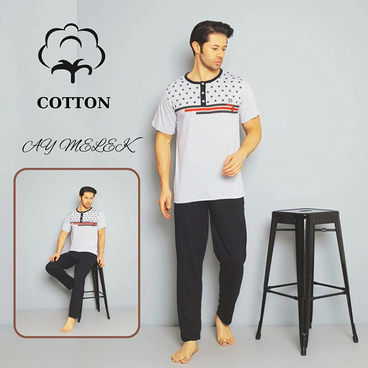 Erkek Pamuklu Pijama Takımı Cotton Gömlek ve Pijama Seti