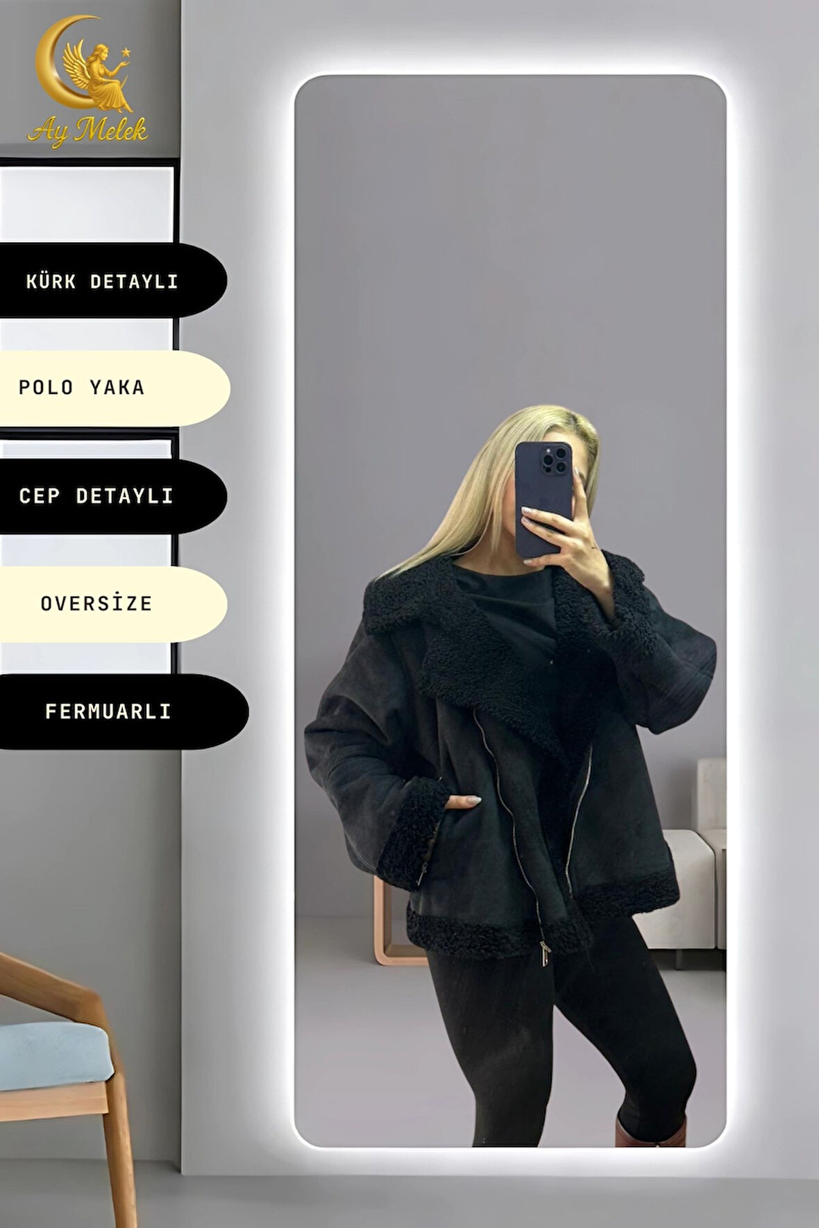 Kadın İçi Peluşlu Kürk Detaylı Fermuarlı Cepli Süet Oversize Mont