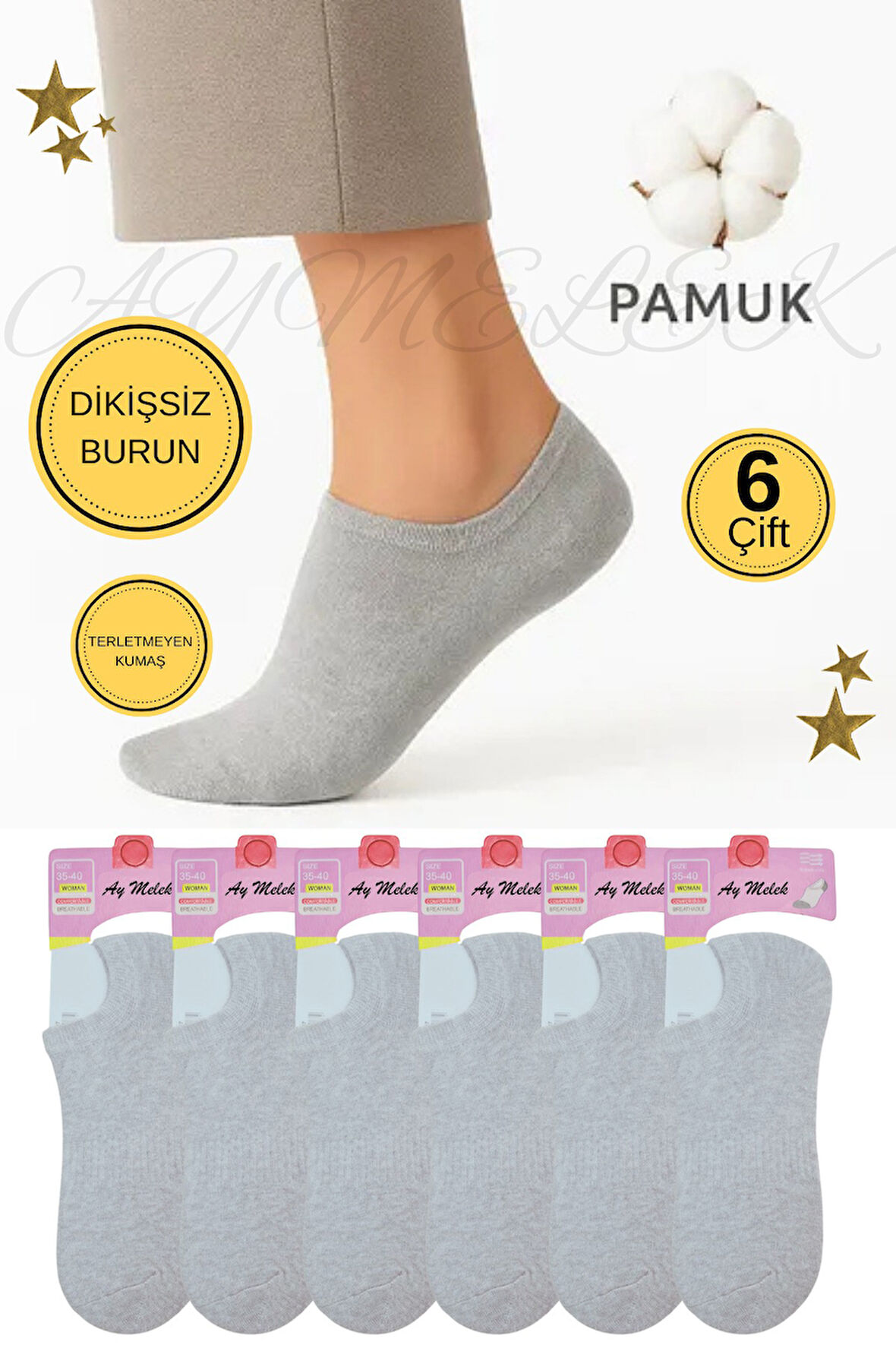 Kadın Kısa Çorap 6 Çift Pamuklu Penye Likralı Sneakers Görünmez Çorap