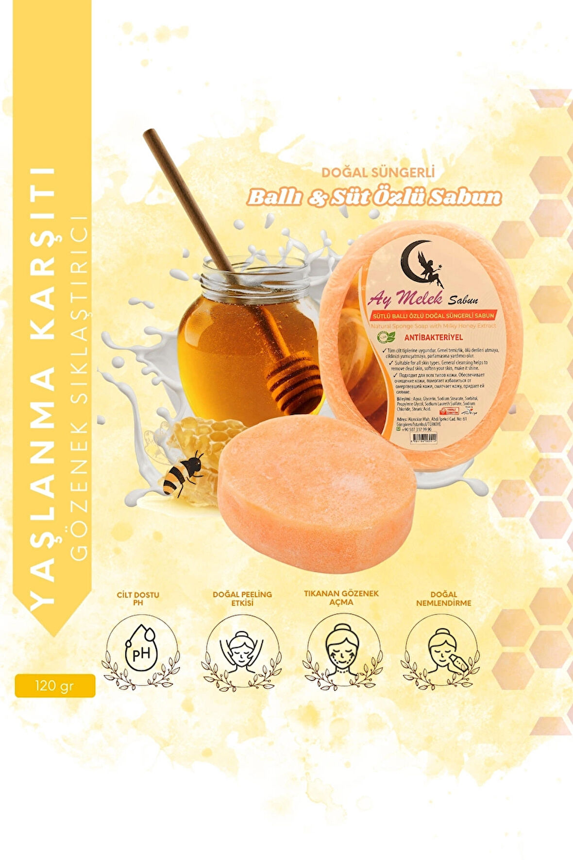 Ballı Sütlü Özlü Süngerli Doğal Güzellik Sabunu Cilt Kırışıklık Önleyici Etkili