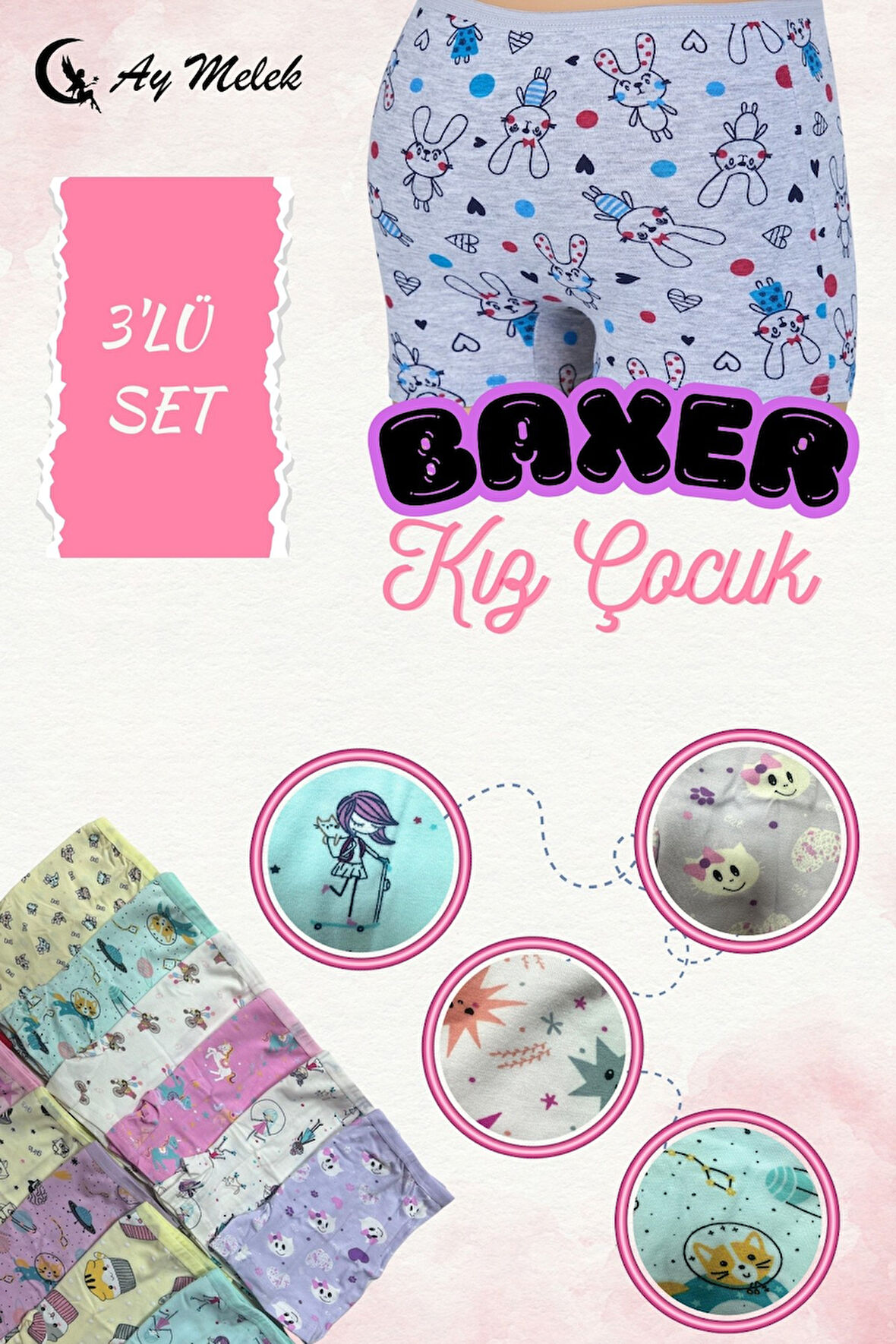 Kız Çocuk (3`lü Paket) Soft Yıkama Pamuklu Renkli Baskılı Boxer