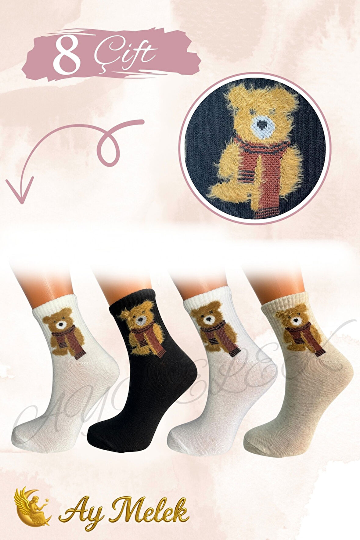 Kadın Çorap (8 Çift) Doğal Pamuklu Desenli Yetişkin Kız Çocuk Çorap