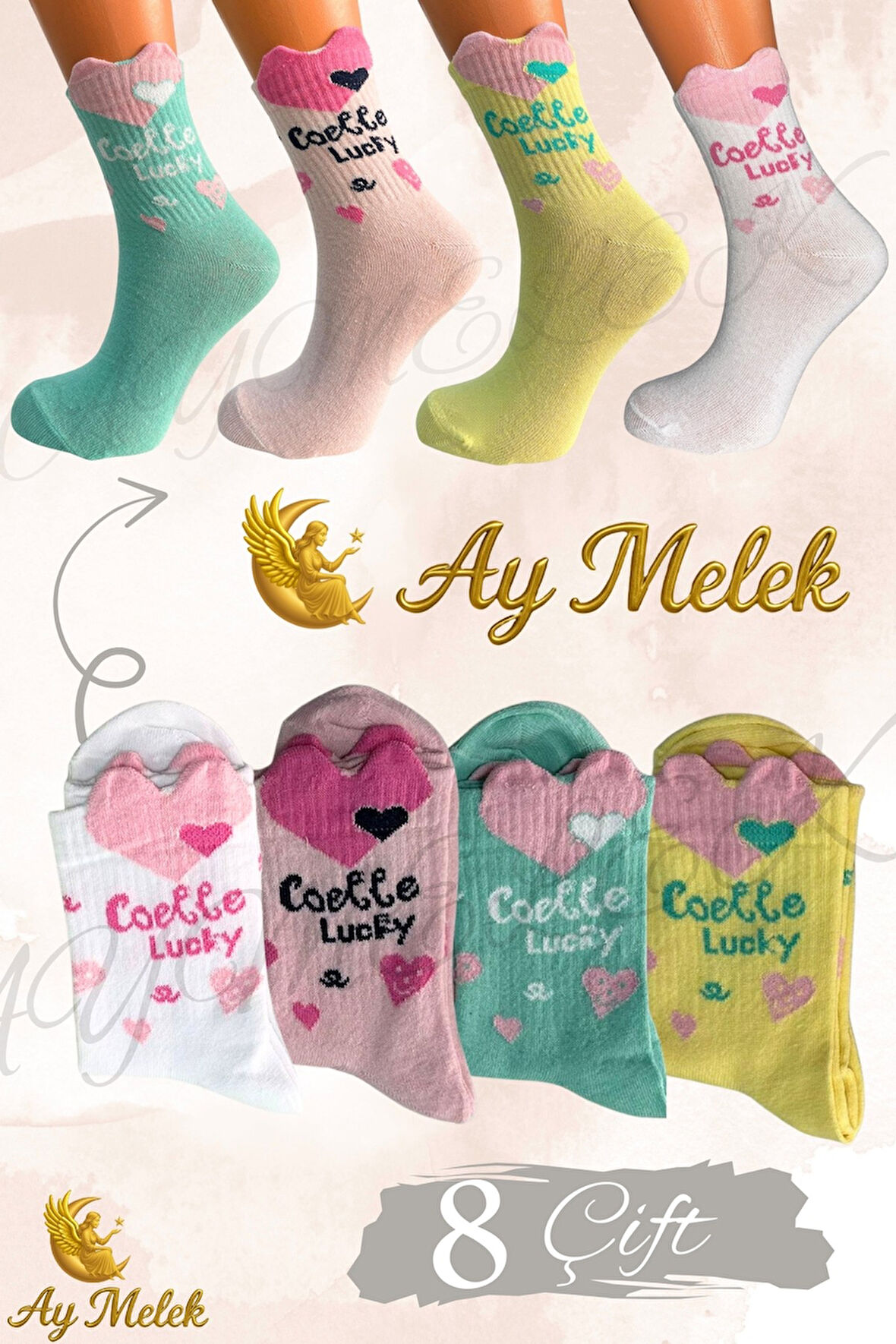 Kadın Çorap (8 Çift) Doğal Pamuklu Desenli Yetişkin Kız Çocuk Çorap