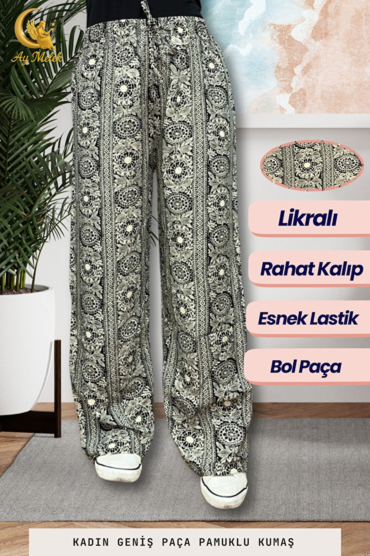 Kadın Pamuklu Dokuma Desenli Bol Kesim Geniş Paça Pantolon
