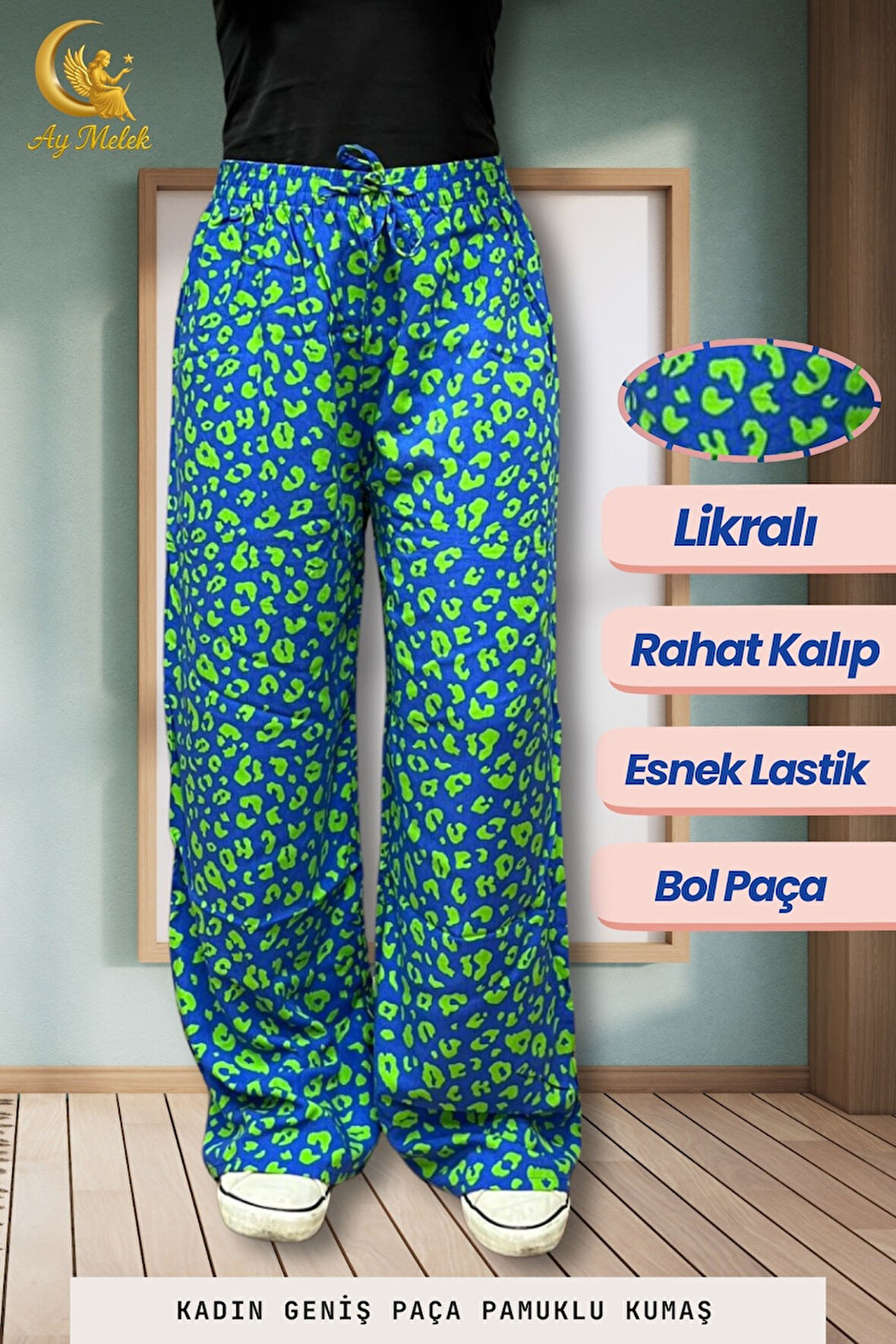 Kadın Pamuklu Dokuma Desenli Bol Kesim Geniş Paça Pantolon