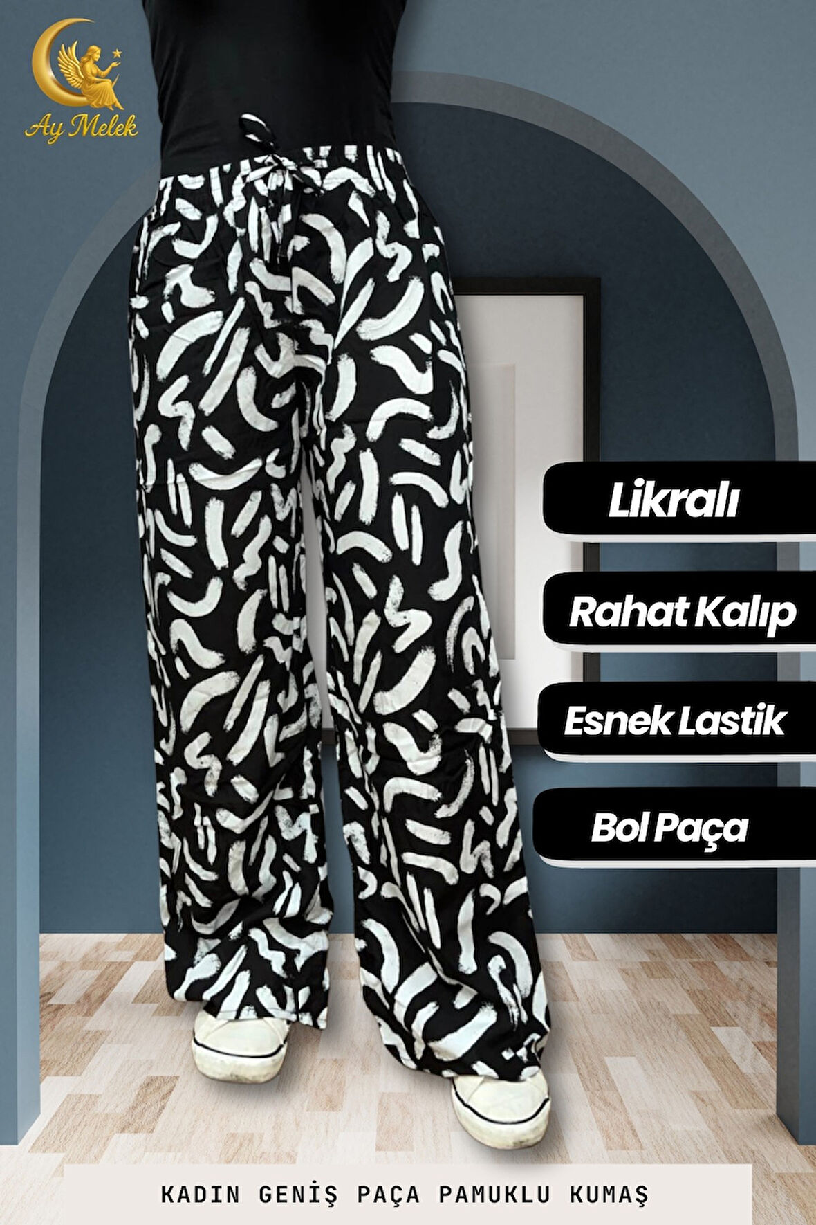 Kadın Pamuklu Dokuma Desenli Bol Kesim Geniş Paça Pantolon