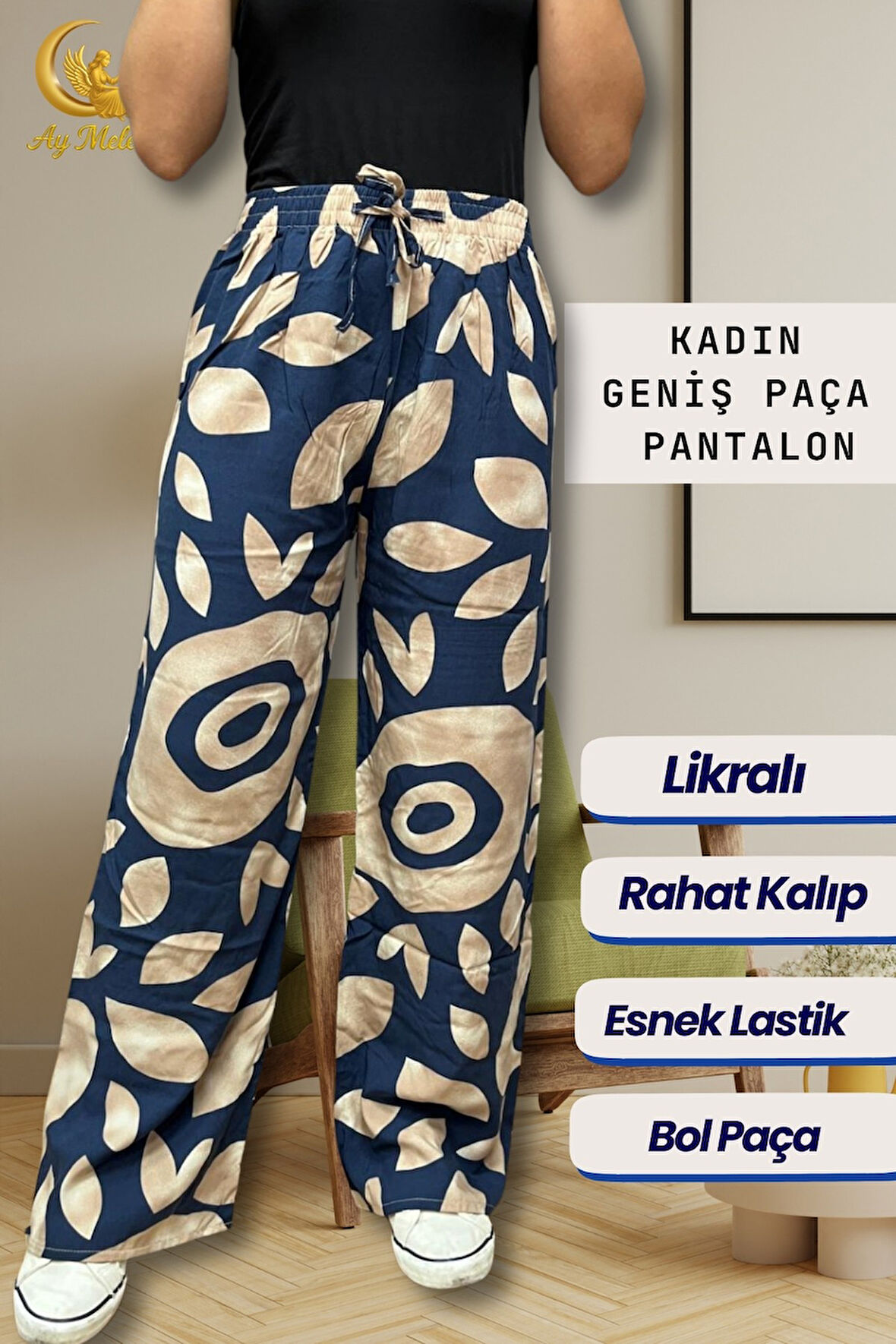 Kadın Pamuklu Dokuma Desenli Bol Kesim Geniş Paça Pantolon