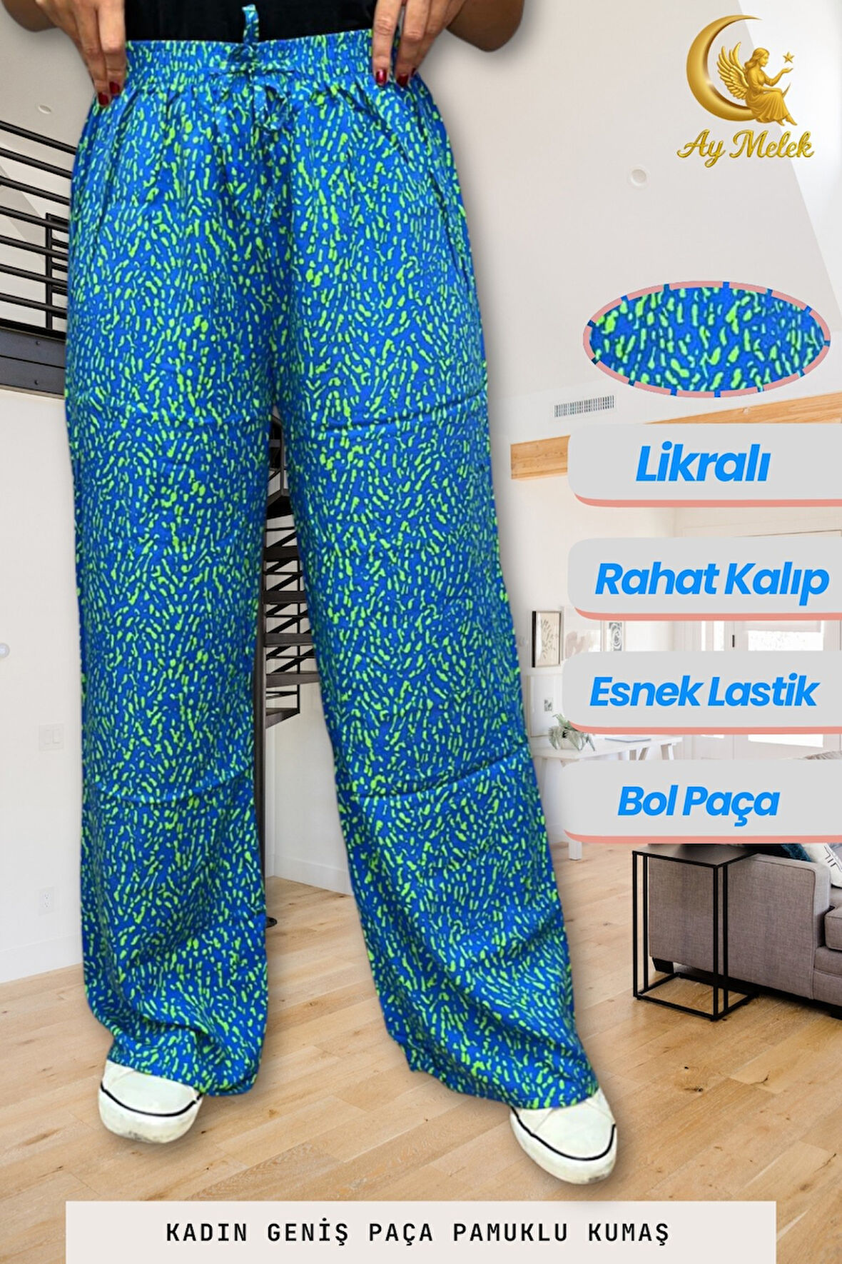 Kadın Pamuklu Dokuma Desenli Bol Kesim Geniş Paça Pantolon