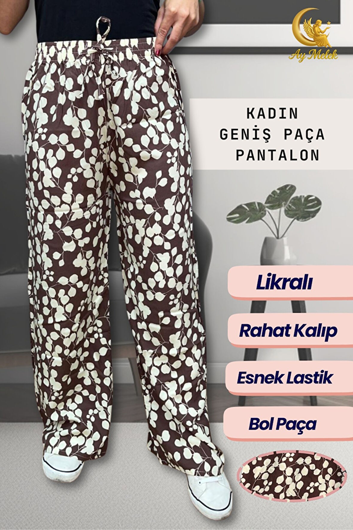 Kadın Pamuklu Dokuma Desenli Bol Kesim Geniş Paça Pantolon