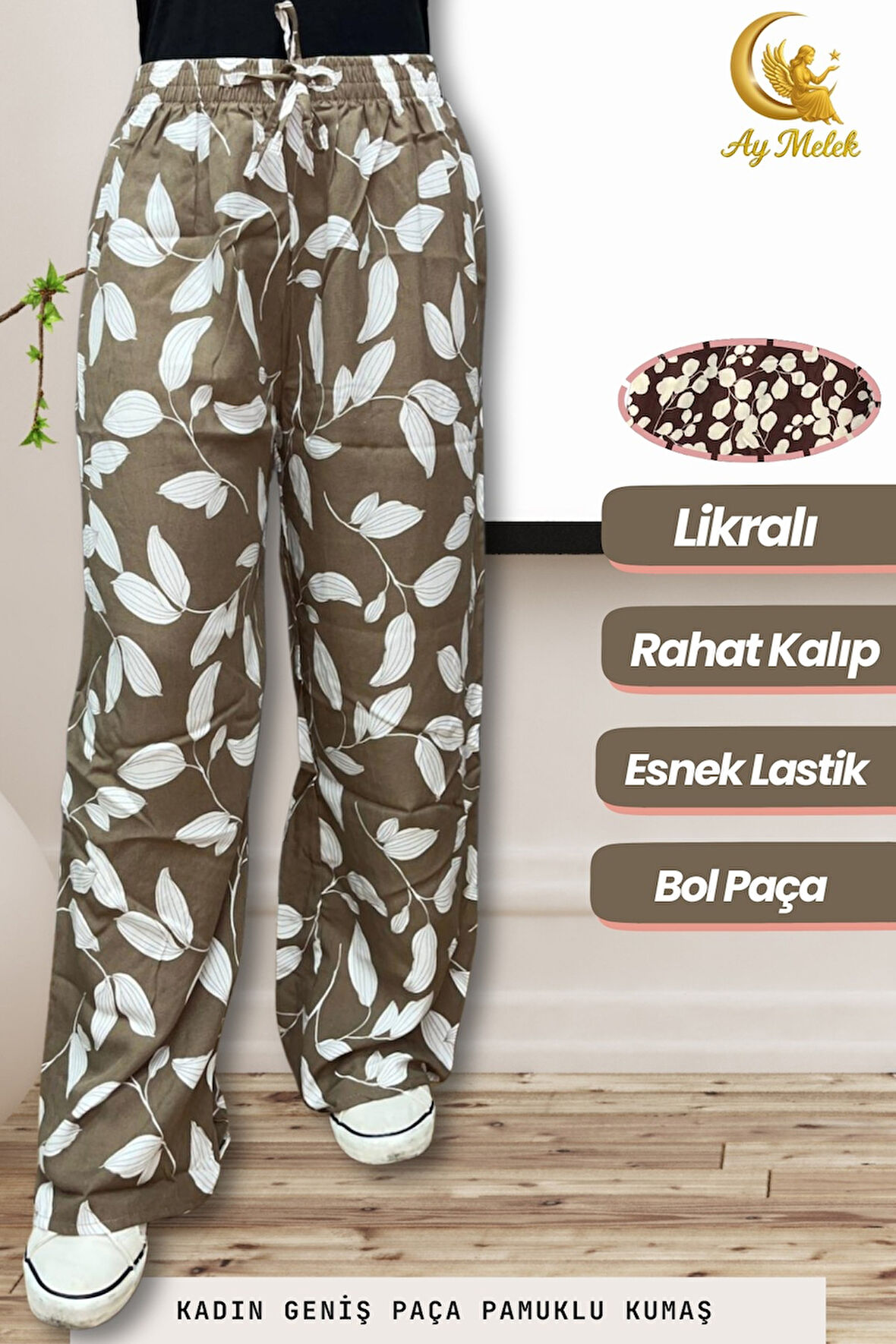 Kadın Pamuklu Dokuma Desenli Bol Kesim Geniş Paça Pantolon