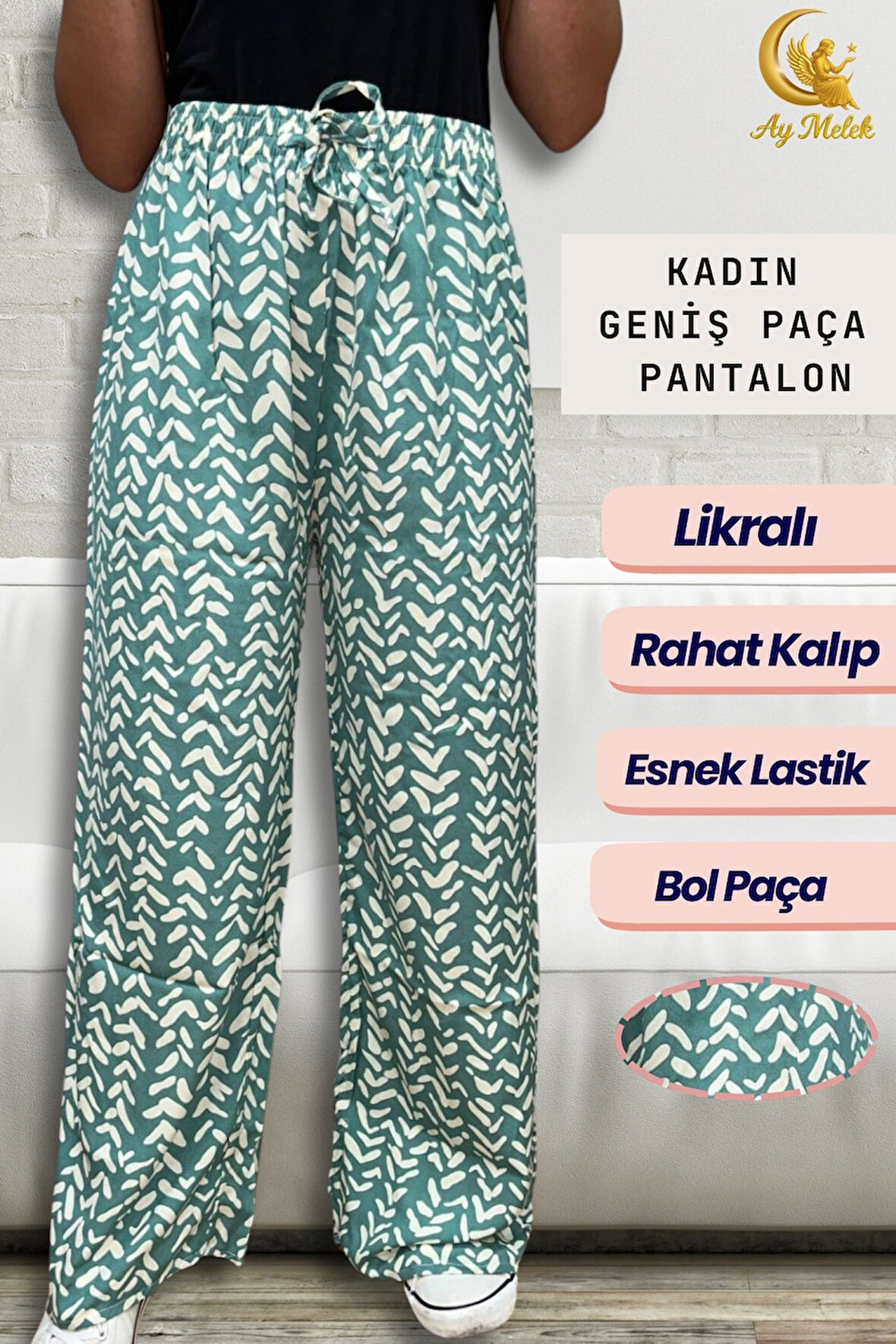 Kadın Pamuklu Dokuma Desenli Bol Kesim Geniş Paça Pantolon