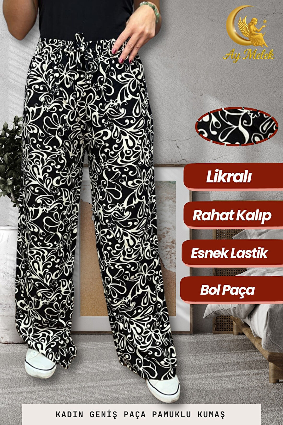 Kadın Pamuklu Dokuma Desenli Bol Kesim Geniş Paça Pantolon