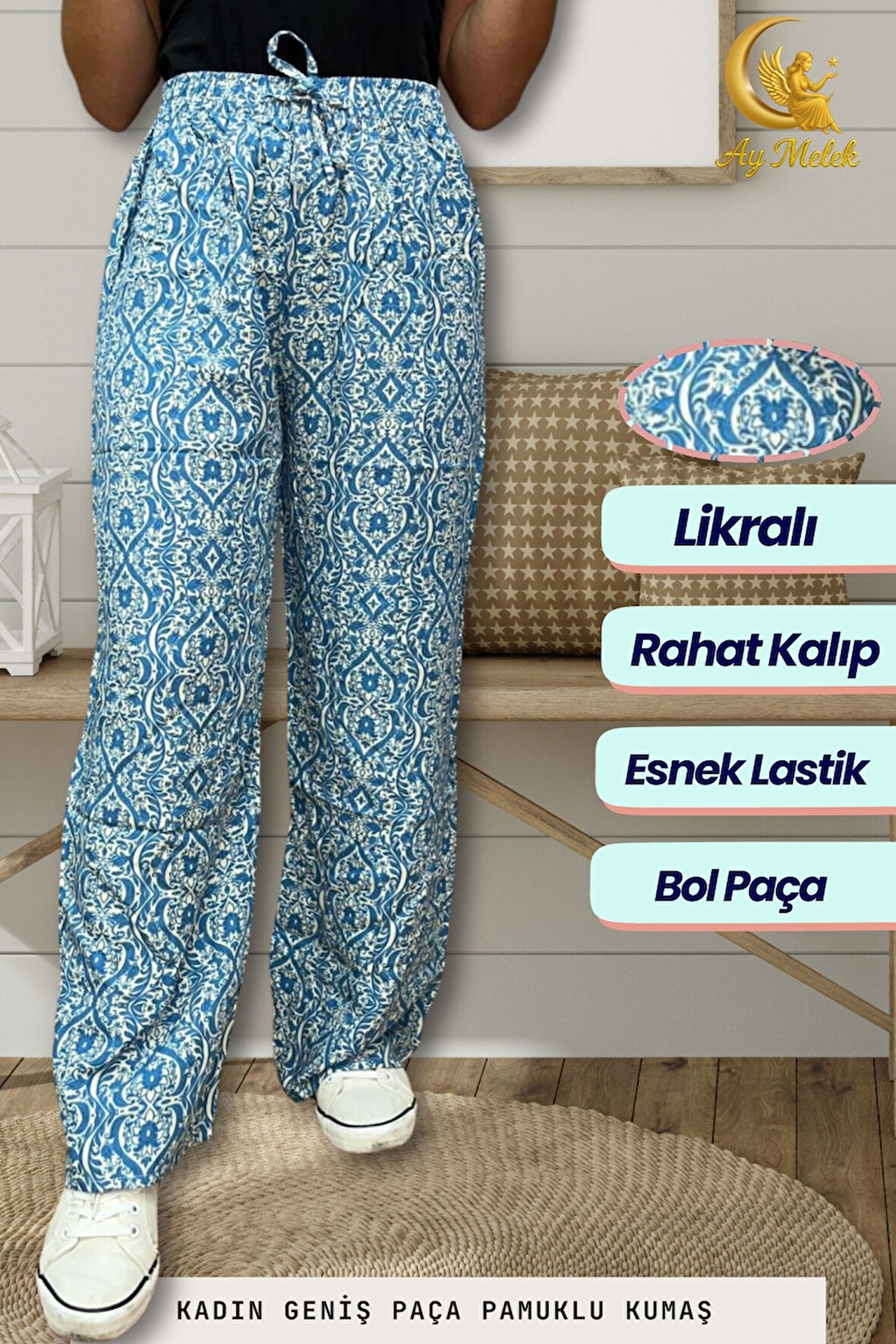 Kadın Pamuklu Dokuma Desenli Bol Kesim Geniş Paça Pantolon