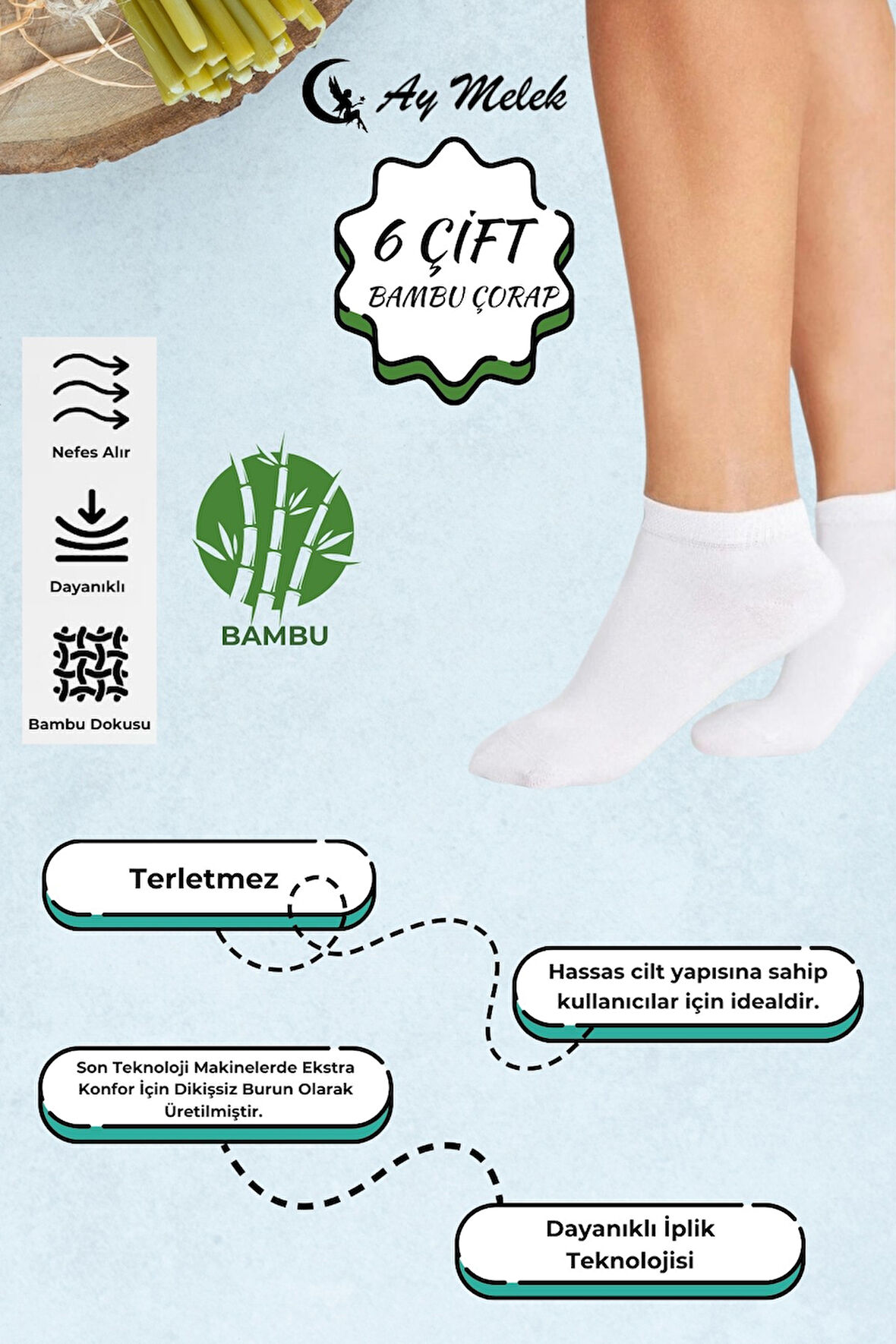 Kadın Çorap (6 Çift) Kısa Patik Bambu Esnek Terletmez Erkek Çorap