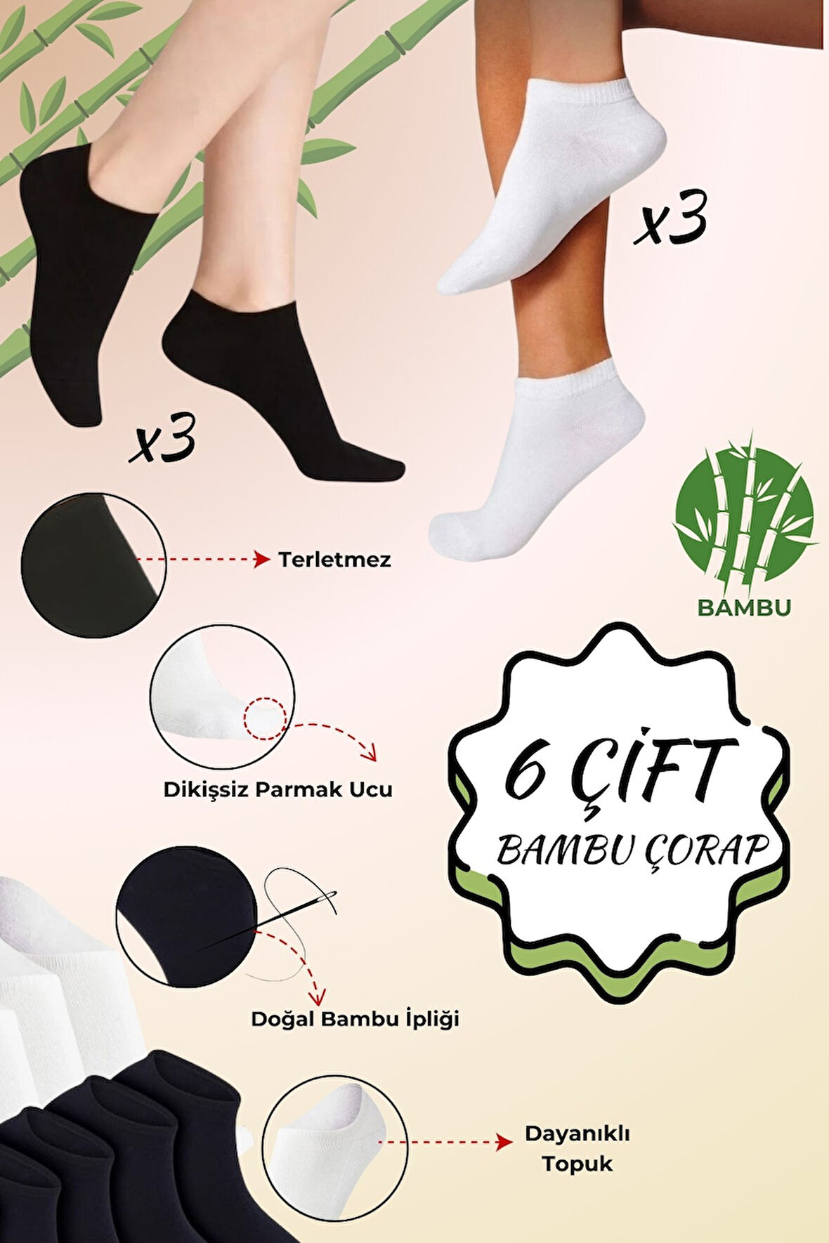 Kadın Çorap (6 Çift) Kısa Patik Bambu Esnek Terletmez Erkek Çorap