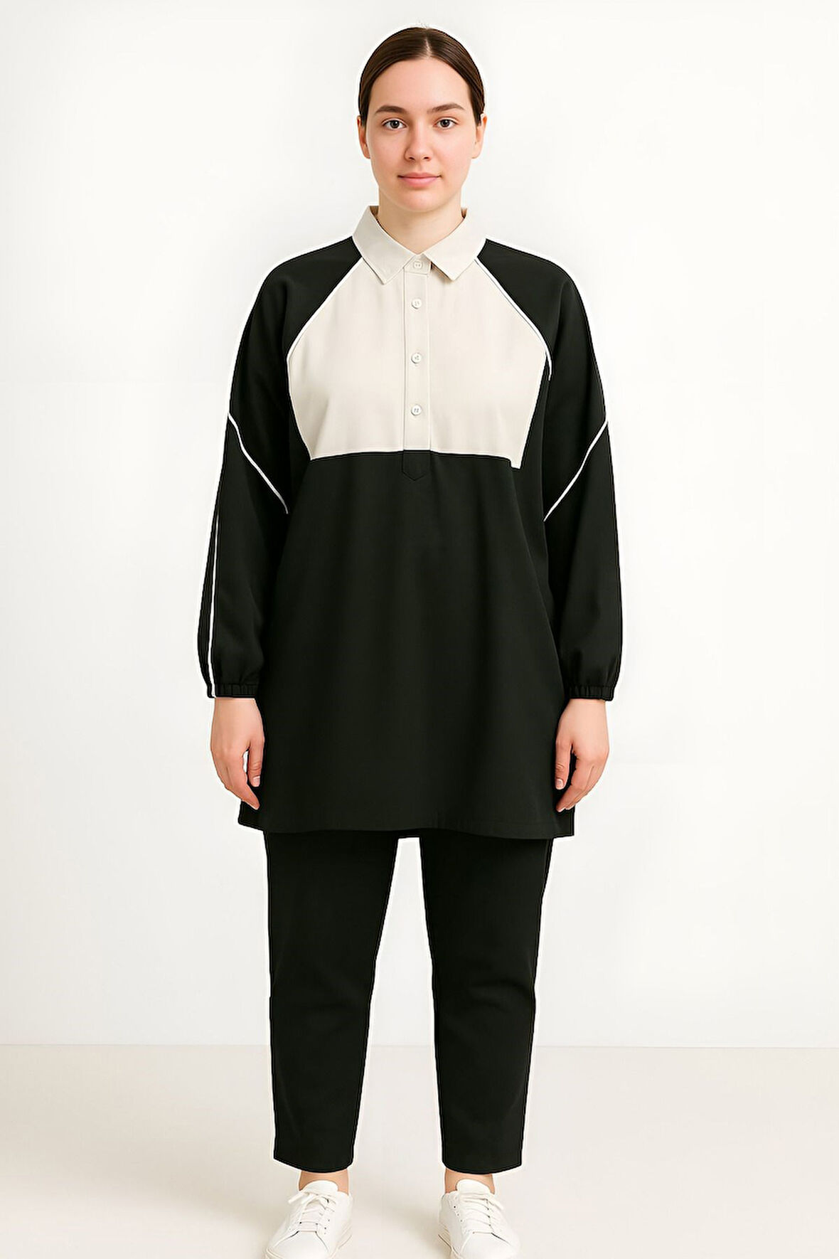 Aysu Kadın Siyah Trend Yarım Patlı Gömlek Yaka Pantolon Takım AYSU-4265